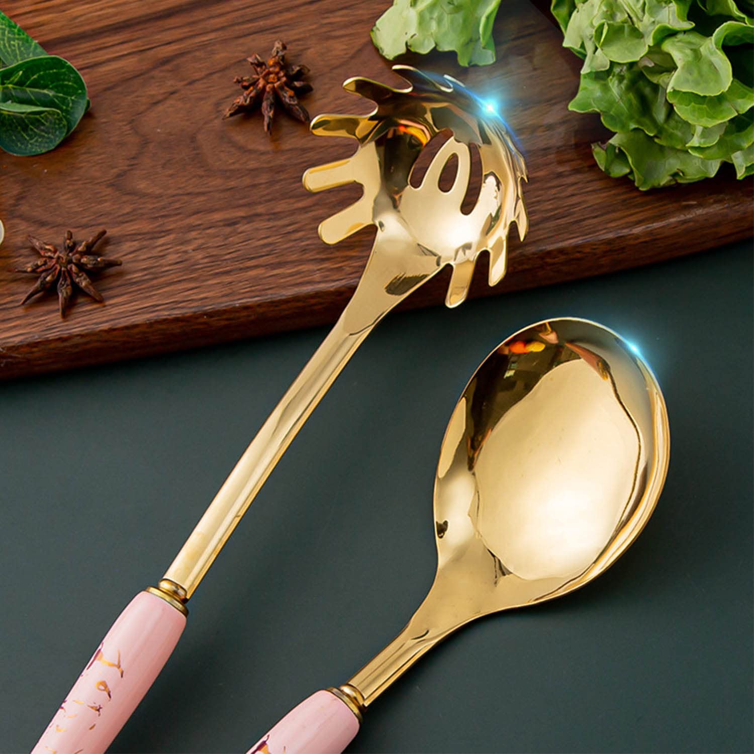 Luxe Ensemble D'ustensiles de Cuisine 7 Pcs Acier Inoxydable Ustensiles de Cuisine Poignée en Céramique avec Support Spatule Louche Cuillère de Service Serveur de Pâtes