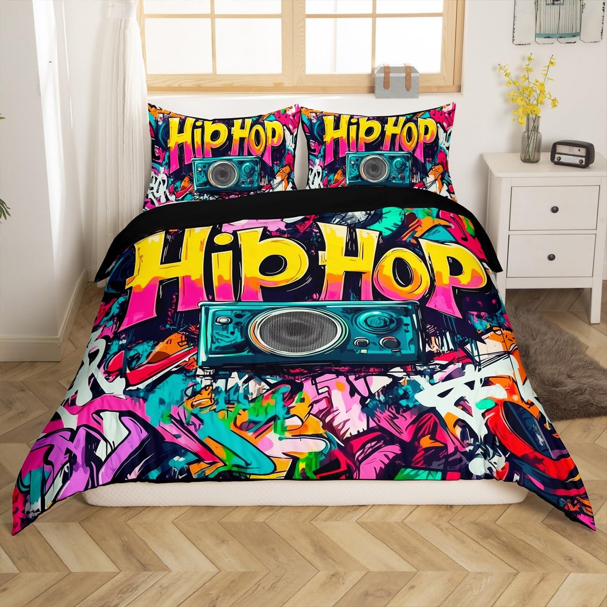 Set di biancheria da letto con copripiumino super king, motivo graffiti, per ragazzi e ragazze adolescenti, set di biancheria da letto a tema musica rock hippie, set di copripiumini hip hop colorato
