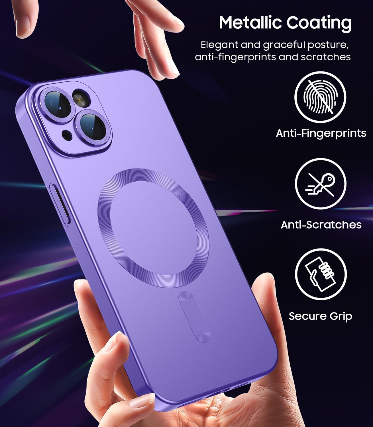 Magnetic for iPhone 14 Case [Compatible with MagSafe][Built-in Camera Lens Protector] Slim Soft Silicone Bumper Shockproof Metallic Luster Phone Case (Purple) - Image 5