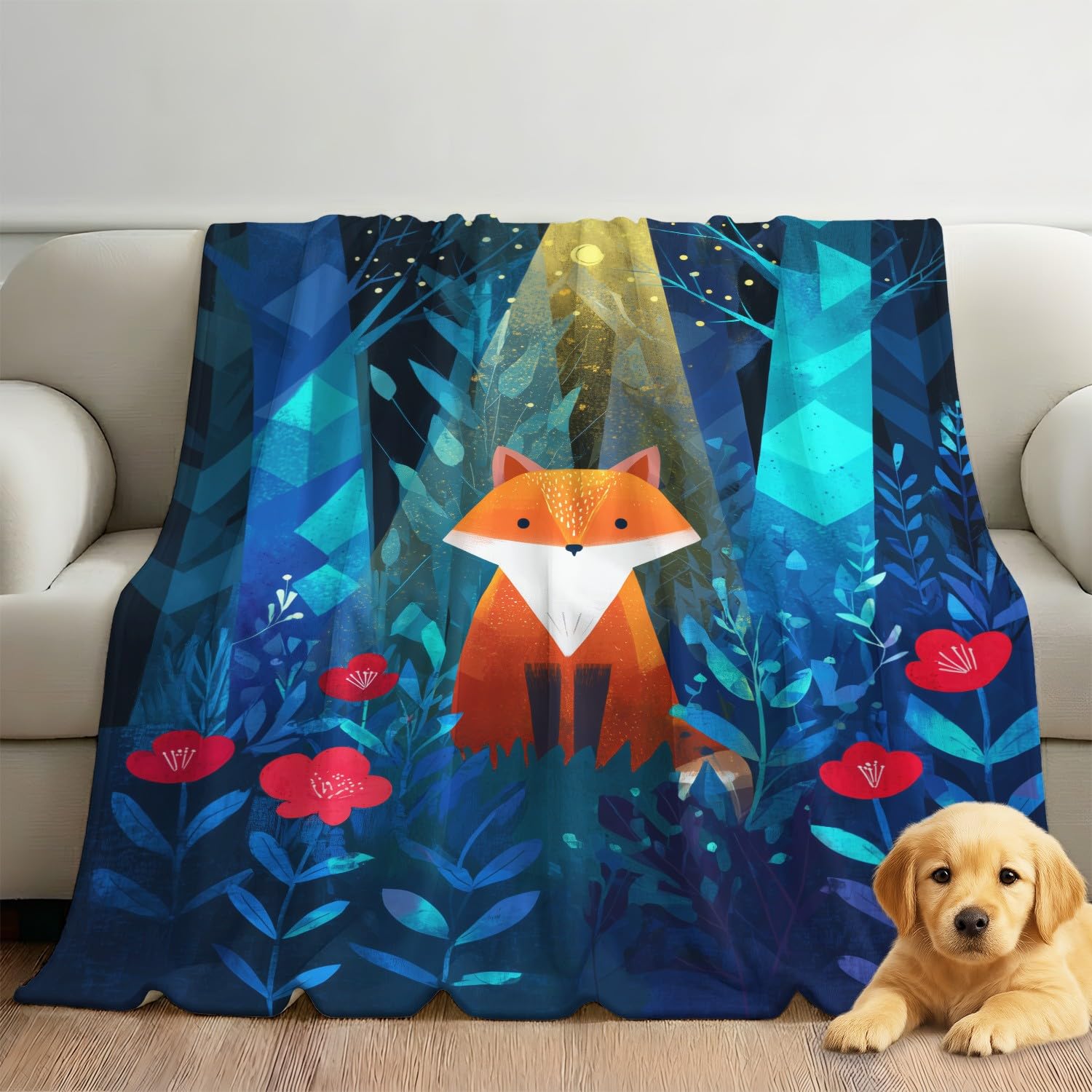 Flanelowy koc w kratę 150 cm x 180 cm grube jesienne koce polarowe, kreskówka minimalistyczny tajemniczy naturalny geometryczny las zwierzęta miękki lis lekkie koce