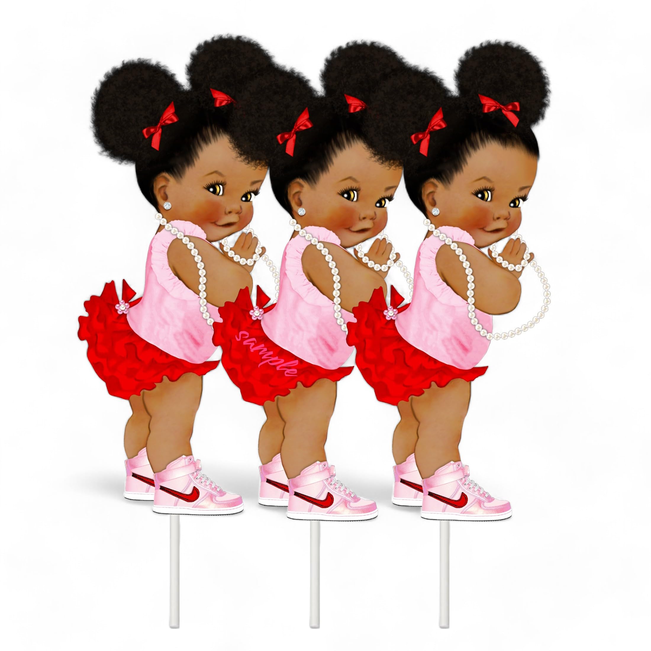 Red Pink African American Puff Girl Cutouts Baby Shower 1st Birthday Party Decoration, DIY Centerpieces (Puff Hairstyle Girl, Set of 3 Double Sided
