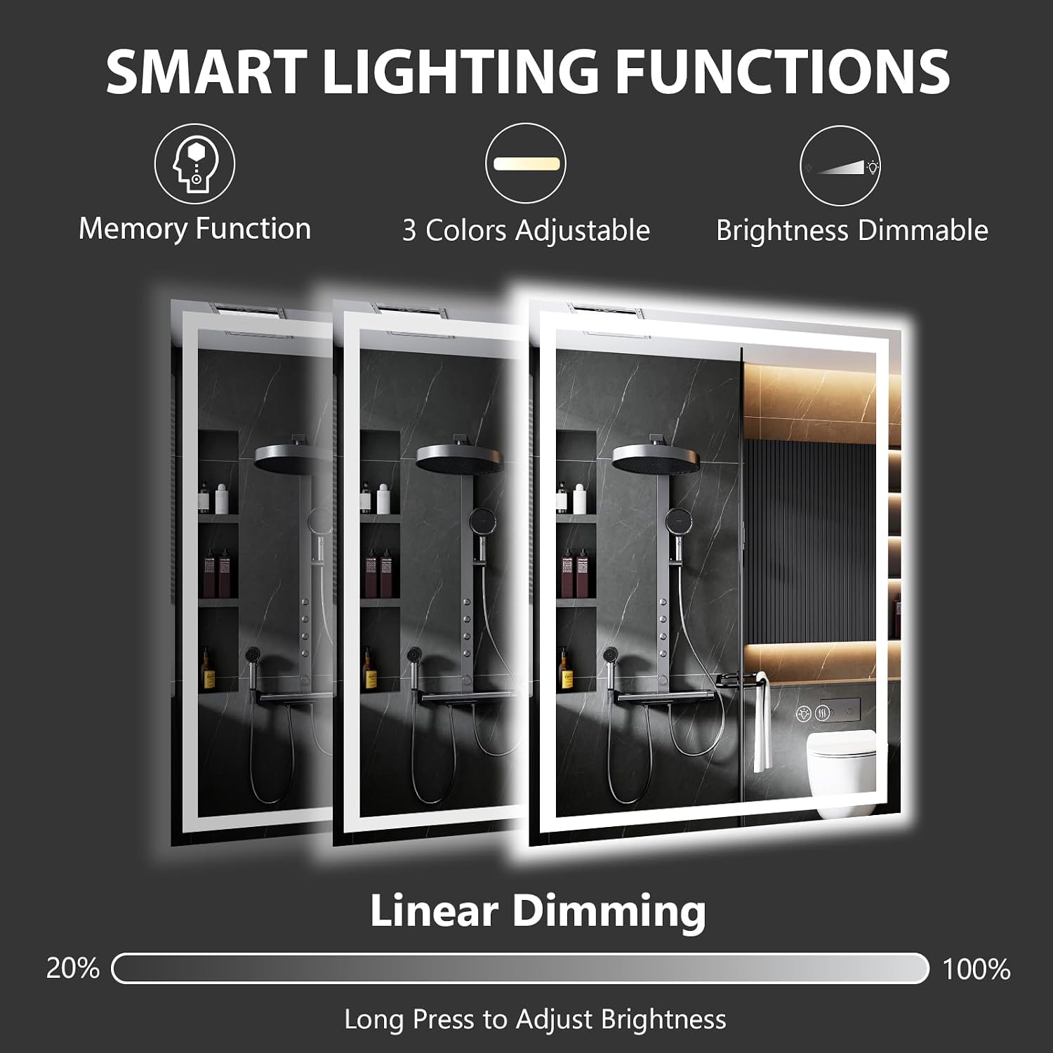 16x24 LED Bathroom Mirror with Lights, Lighted Bathroom Vanity Mirror for Wall, Anti-Fog, Dimmable, Backlit + Front Lit, Memory Function, Shatter-Proof, 3 Colors, Horizontal/Vertical