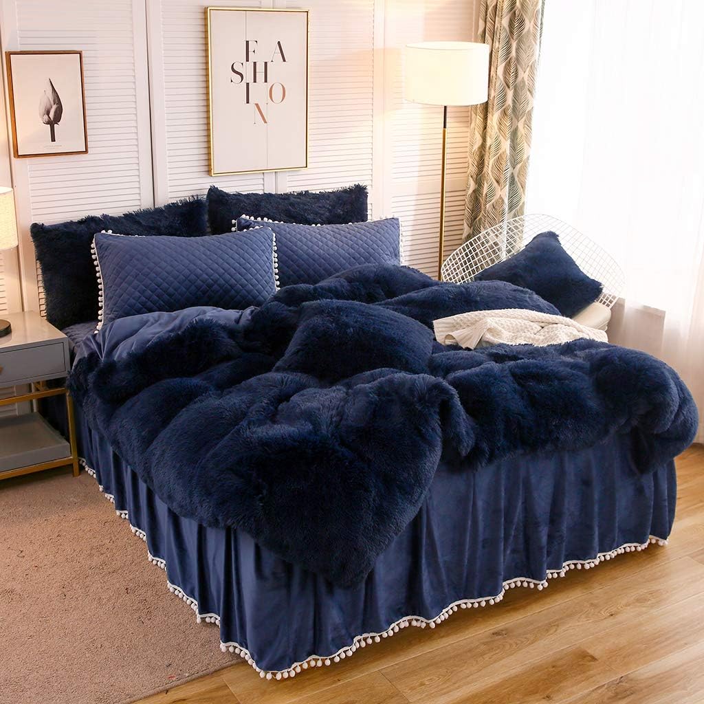 LIFEREVO Luxury Shaggy Plush Duvet Cover 1 PC Crystal Velvet Mink Reverse Ultra Soft Hidden Zipper Closure (Navy, King)