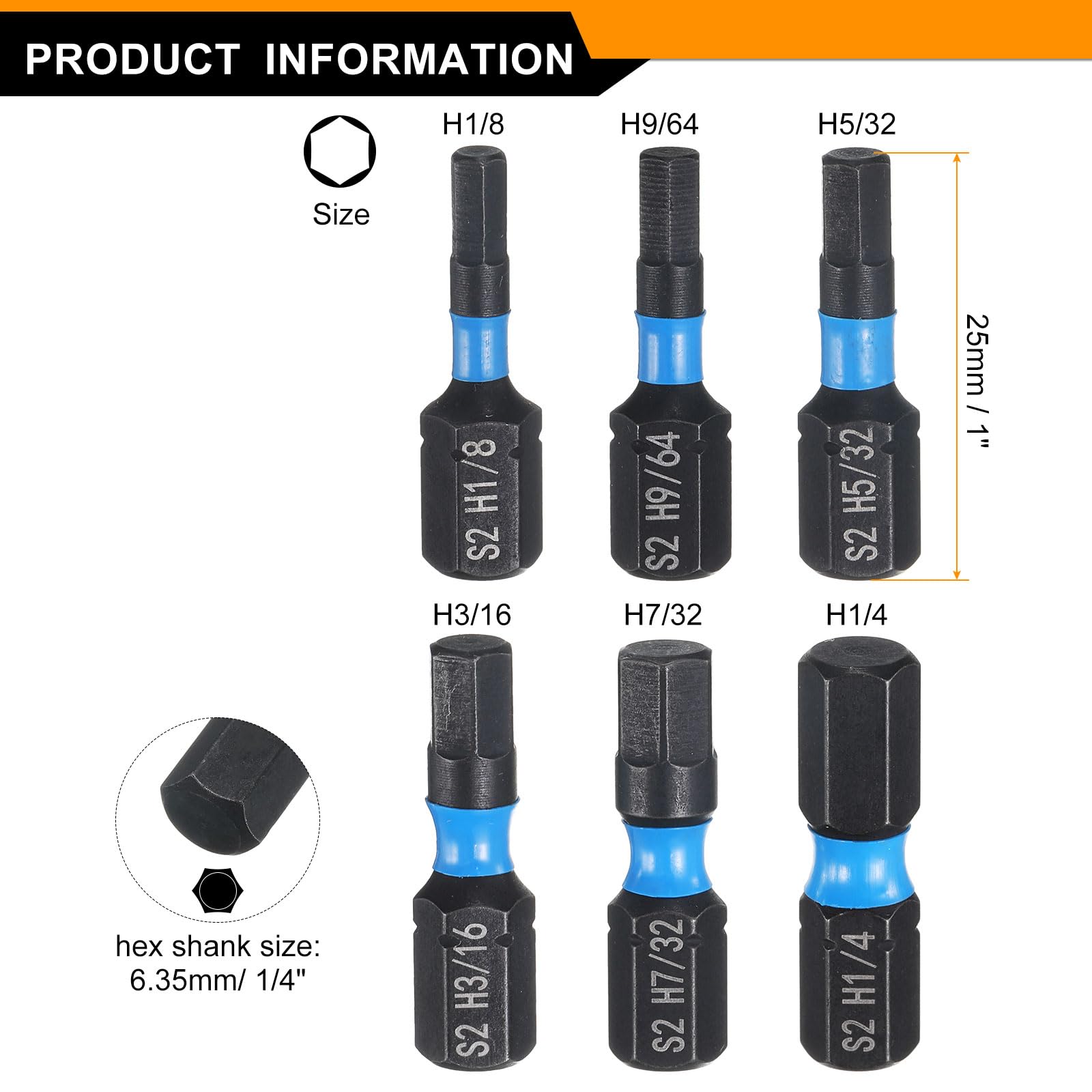 HARFINGTON 6pcs H9/64-H7/32 SAE Hex Screwdriver Bit 1/4