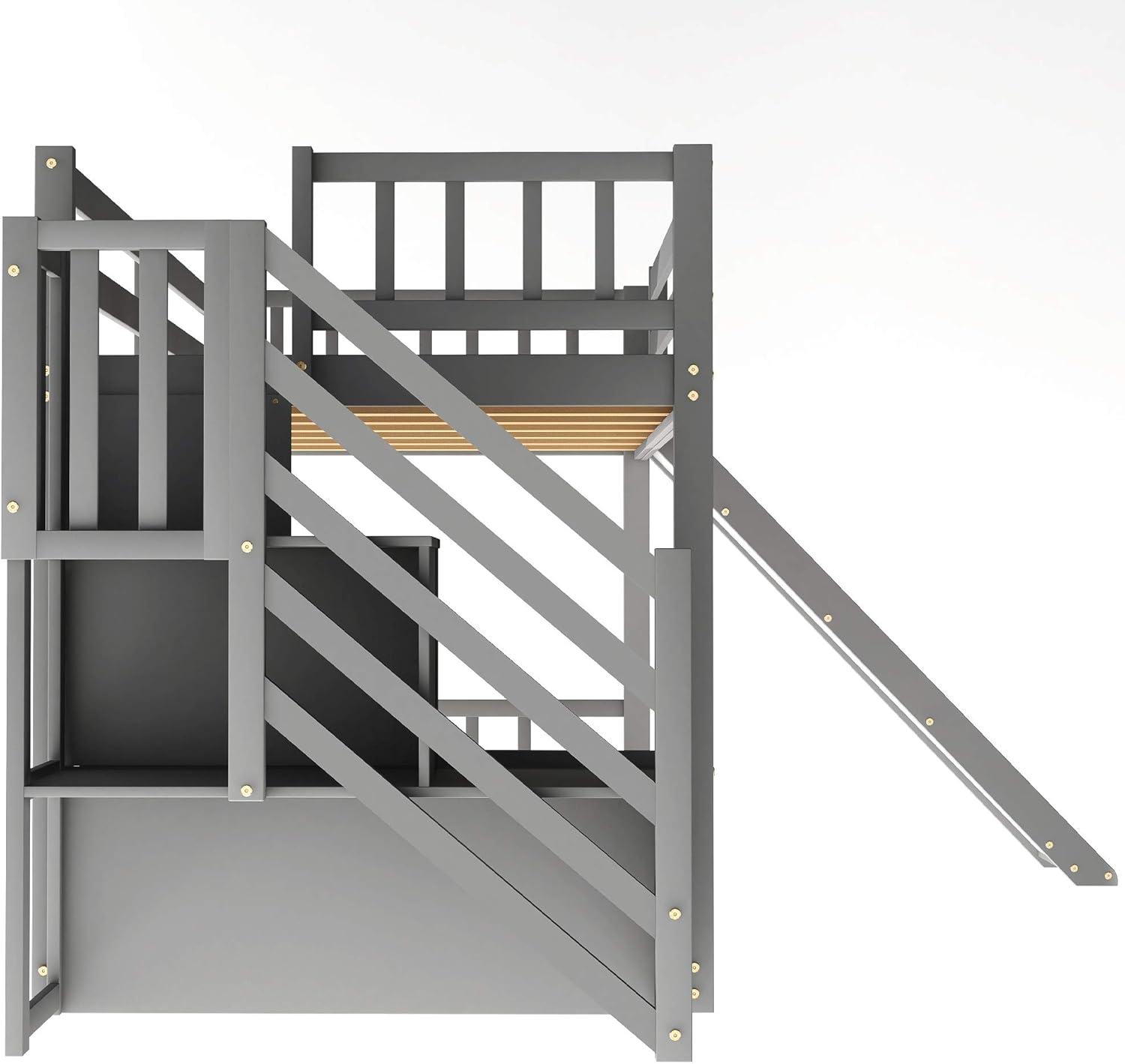 Bellemave Low Bunk Bed with Slide and Stairs Twin Over Twin Bunk Beds Wood Frame for Kids Toddlers Boys Girls, Gray
