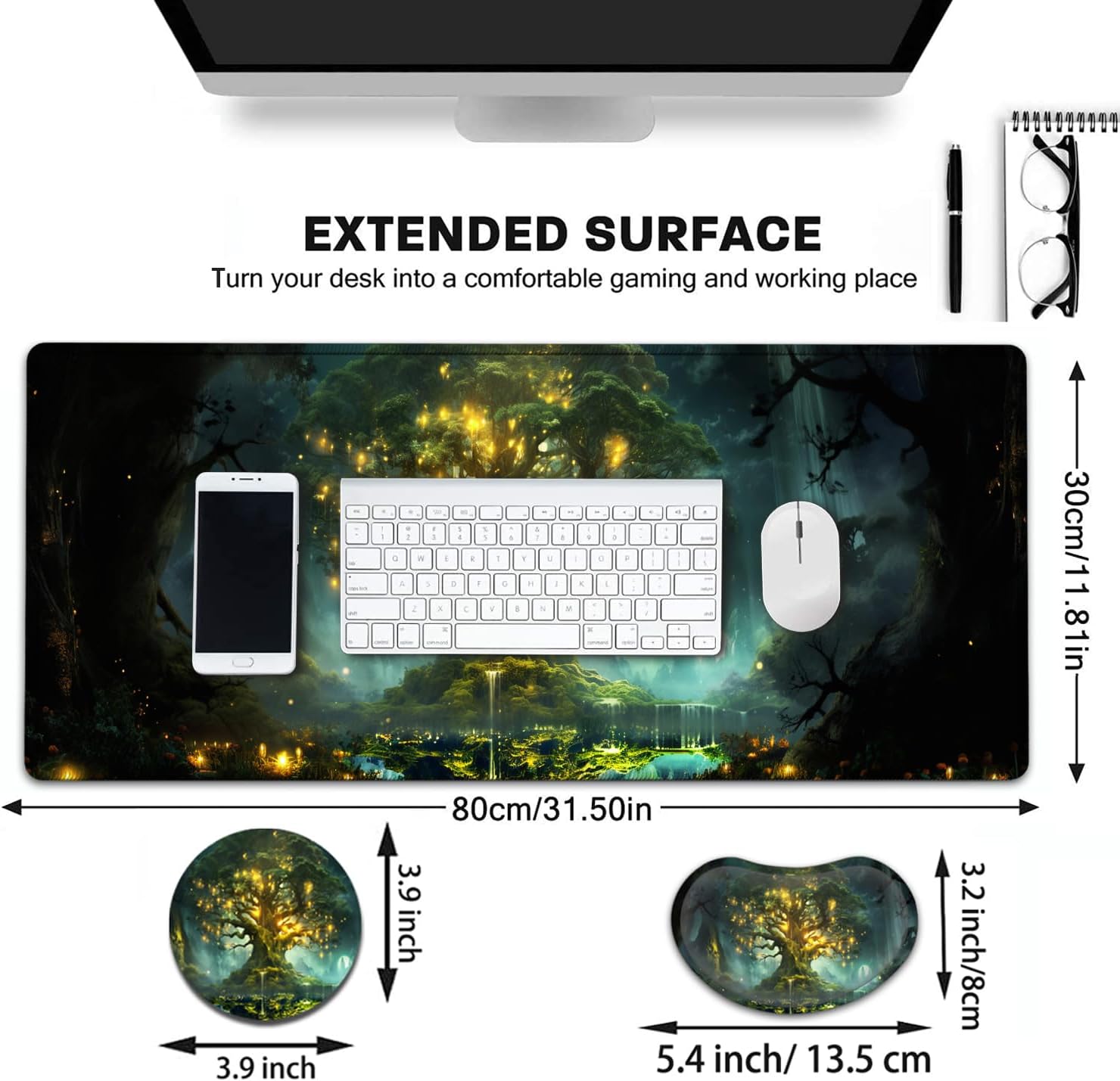 Large Mouse Pad with Mouse Wrist Rest, 31.5x11.8 in Extended Mouse Mat with Non-Slip PU Base, Ergonomic Memory Foam Wrist Rest, for Work & Gaming Writing Pad, Tree of Life Pattern Office Desk Pad