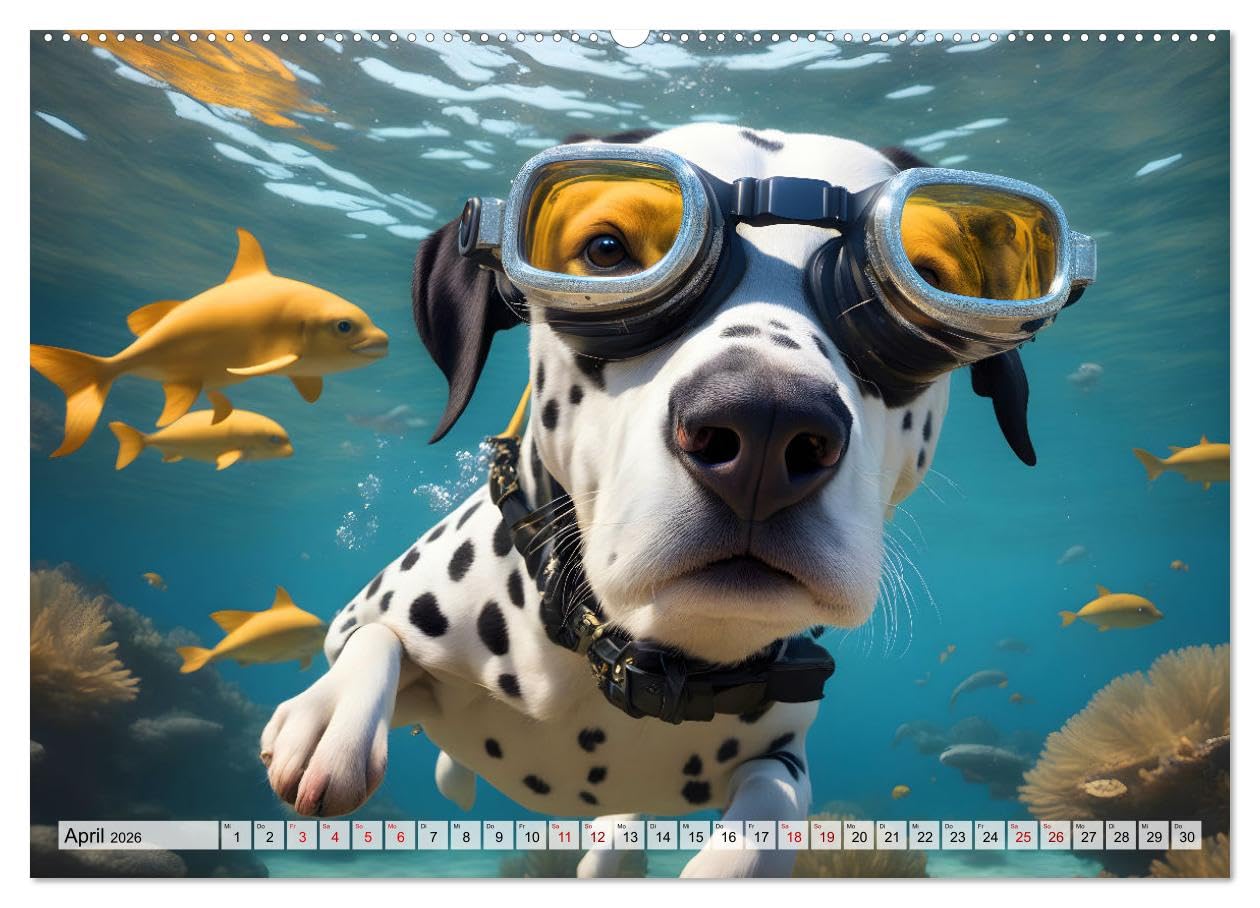 Hunde abgetaucht (Wandkalender 2026 DIN A2 quer), CALVENDO Monatskalender: Amüsante Bilder tauchender Hunde aller Rassen in einer traumhaften Unterwasserwelt (CALVENDO Tiere)