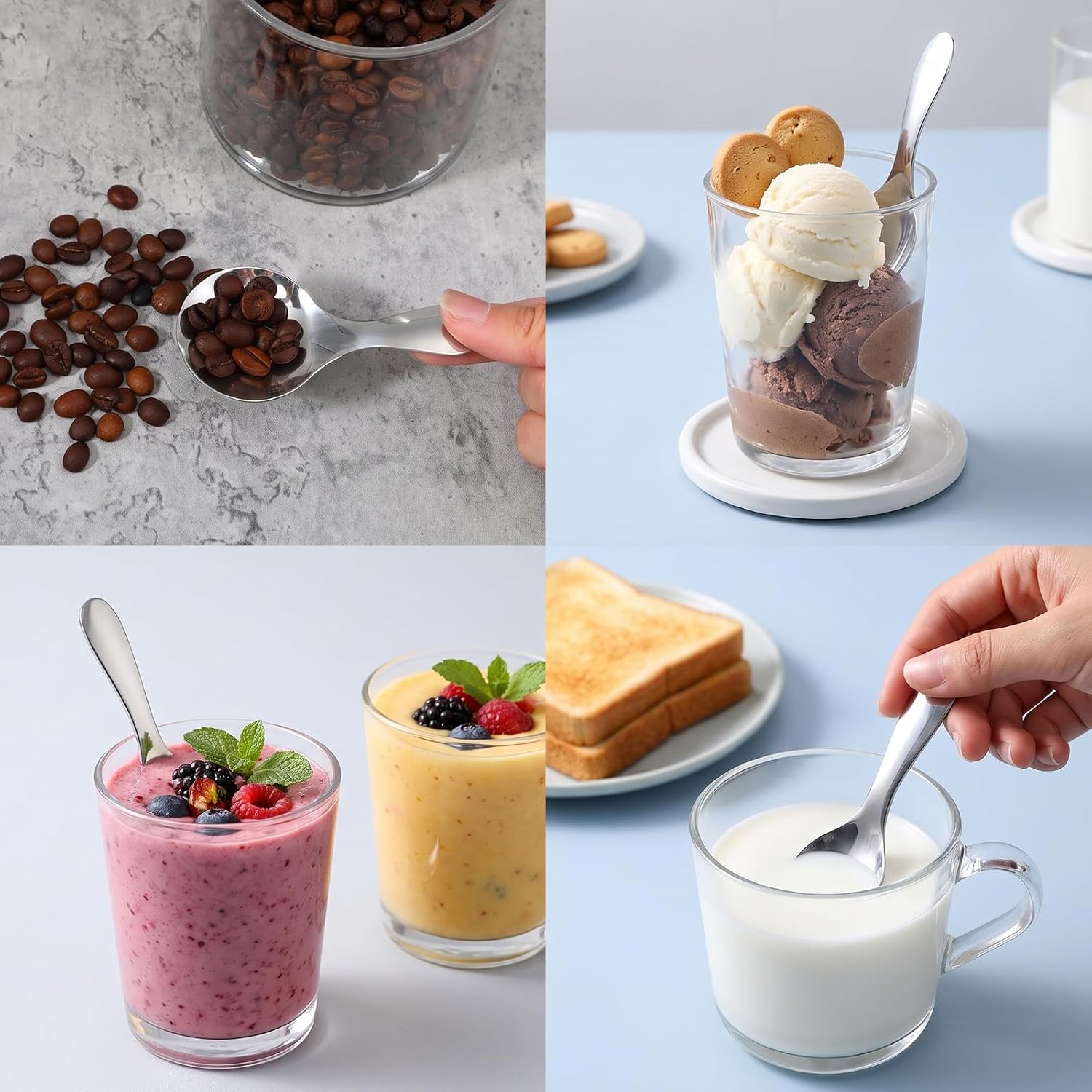 7 Pcs Short Handle Spoons Silver Stainless Steel Mini Scoops for Canisters