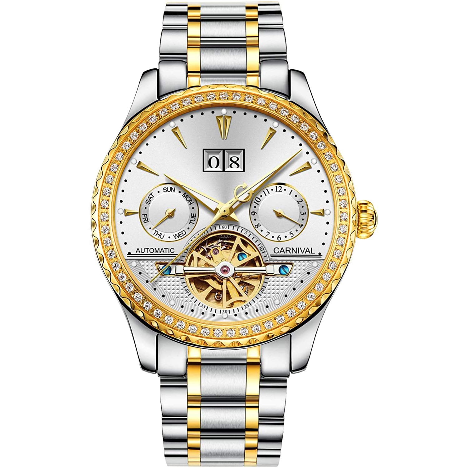 MASTOP Herren-Armbanduhr, automatisch, mechanisch, Edelstahl, Diamant, leuchtend, Saphir, klassisch, schlicht, Kleid