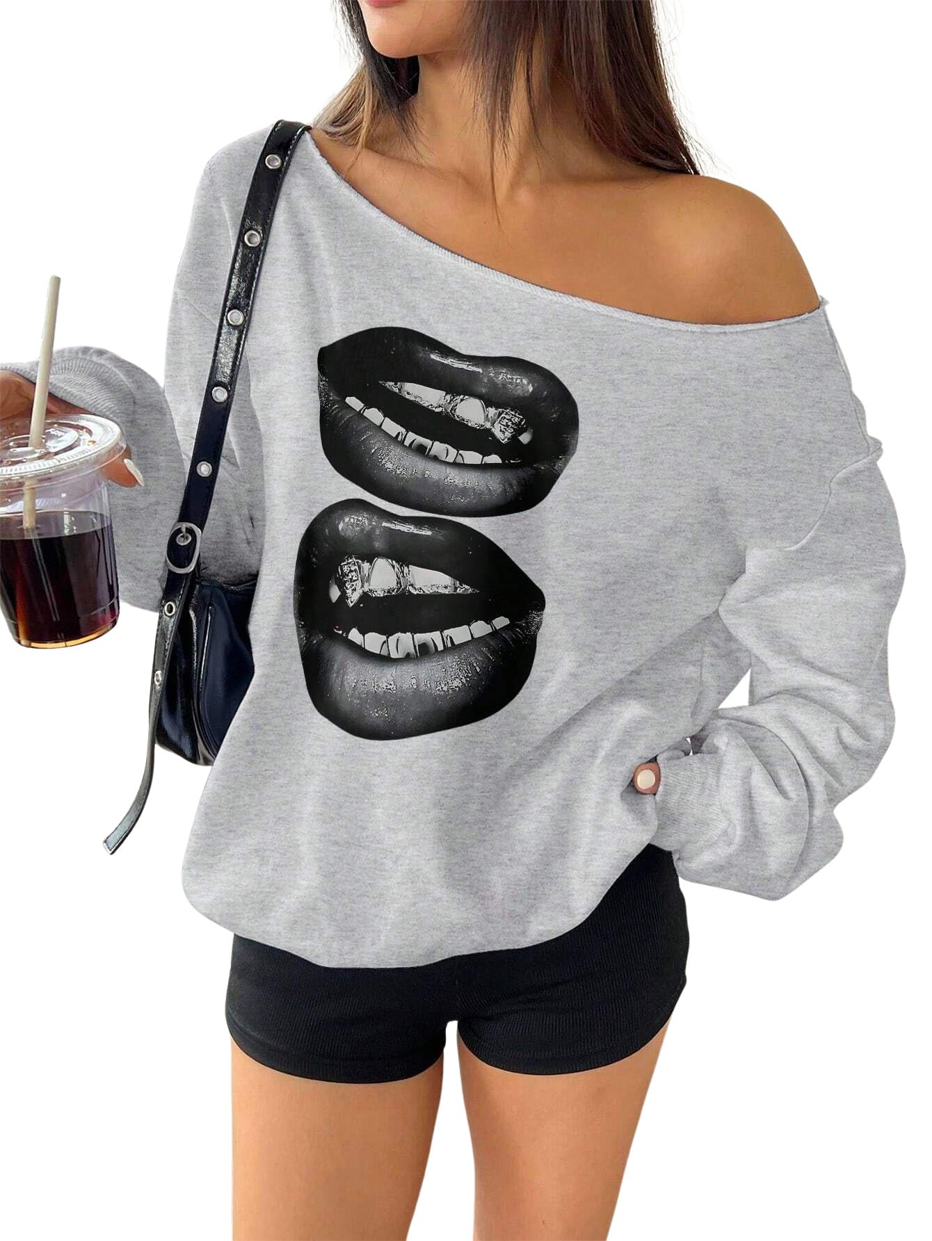 Women's Autumn Lip Print Asymmetric Collar Loose Y2K Style Sweatshirt