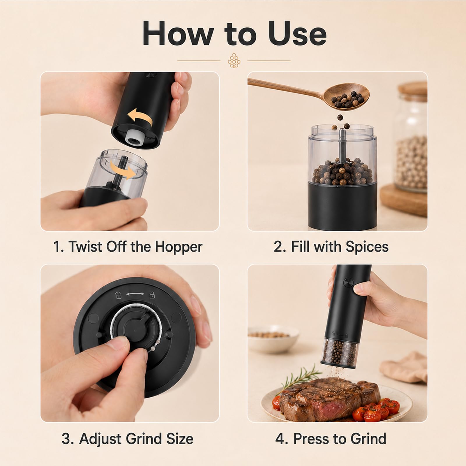 Set of 2 Electric Salt and Pepper Mills, Automatic Pepper Mill with Storage Base, 4 Speed ​​Settings, for Grinding Spices