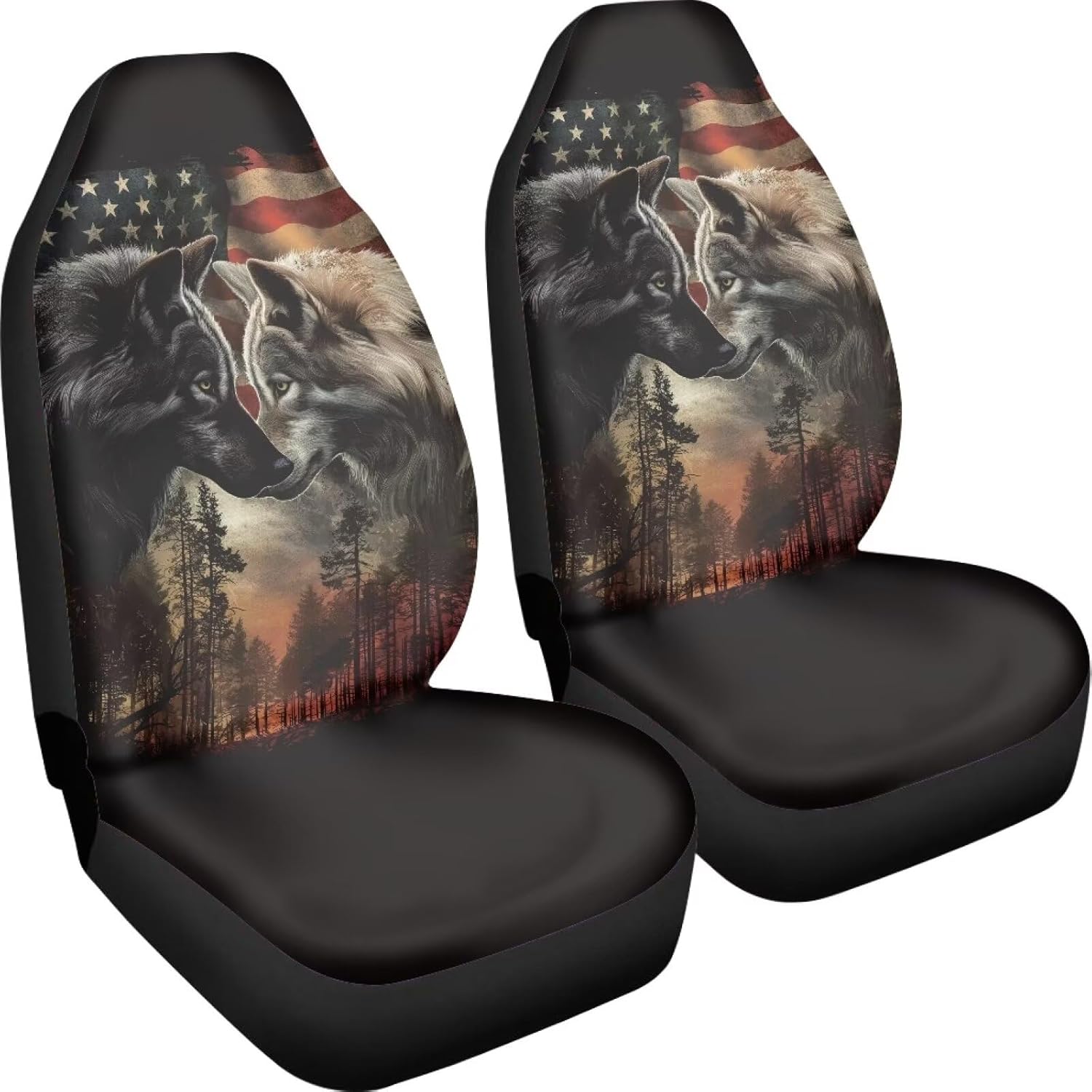 Talayituse Wolf Forest American Flag Print Car Seat Covers Set of 2 Front Bucket Seats Protector Auto Interior Accessories Decor Universal Fit for Car Truck