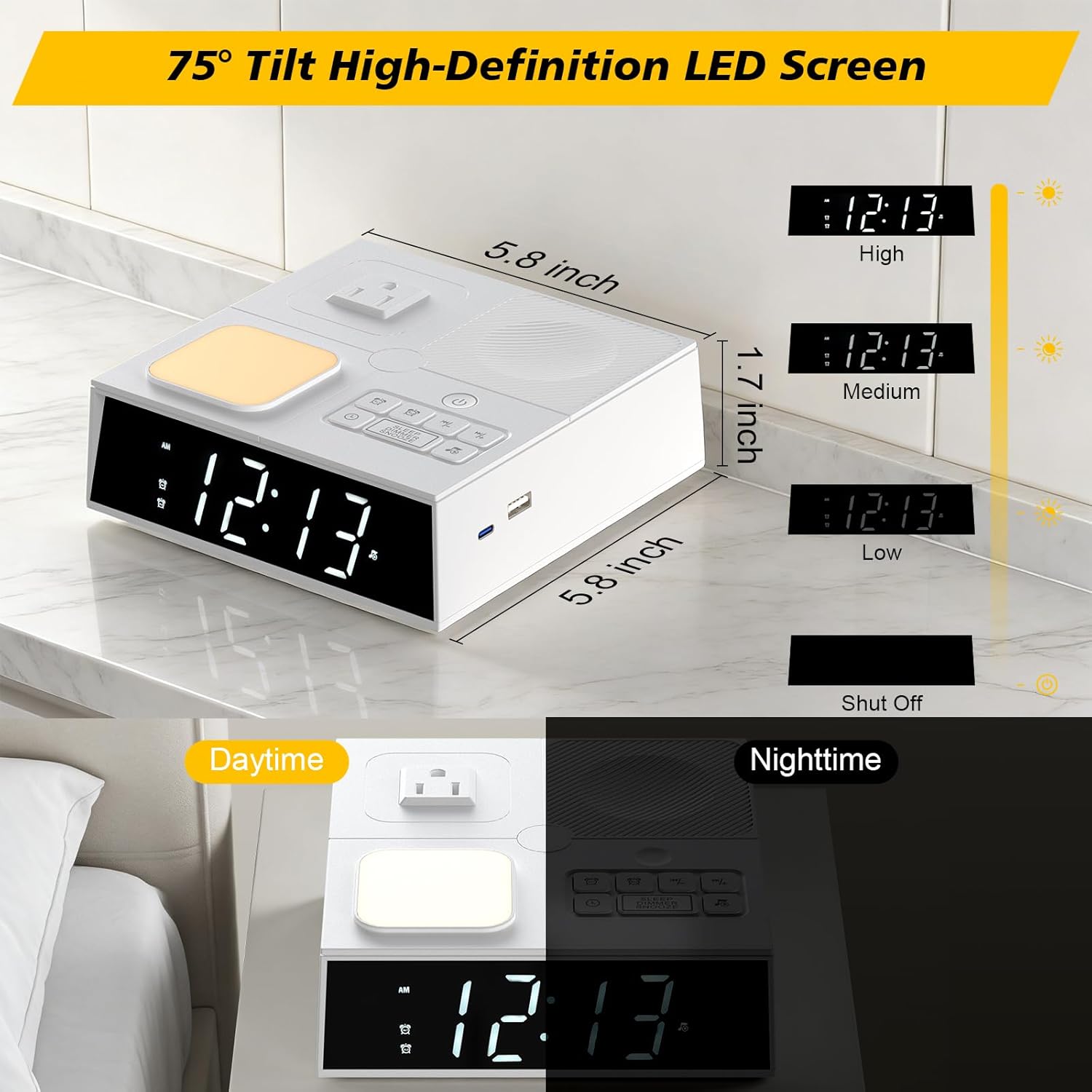 Kungfuking Digital Alarm Clock with White Noise Machine, Fast USB A&C Charging Clock, Mountable 41 Soothing Sounds Machine Night Light, Dimmable Timer Dual Clock for Bedroom Dorm Room Hotel