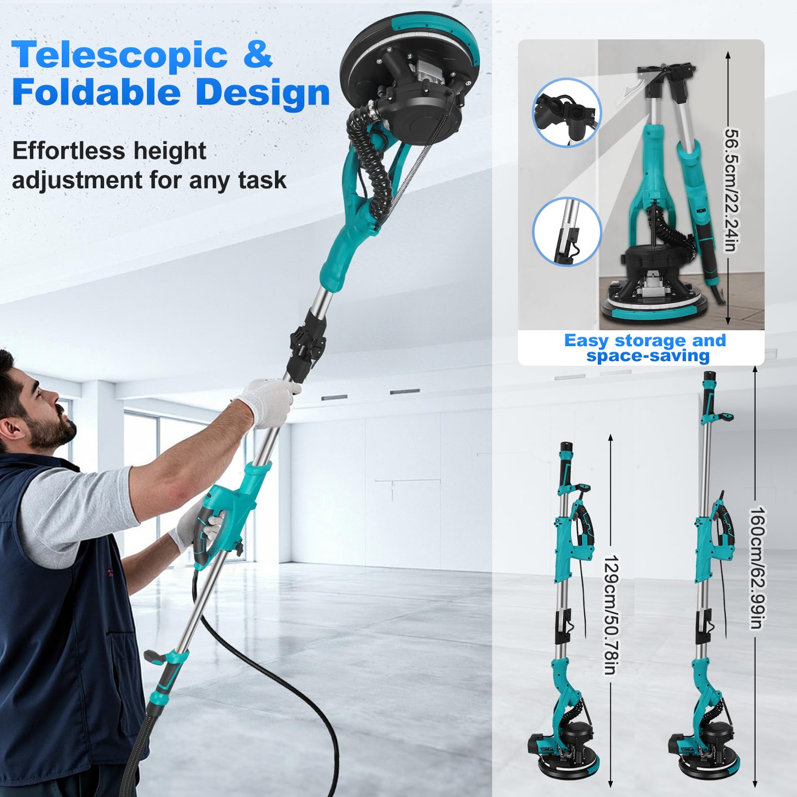 Levigatrice per Muro 850W con Giraffa Telescopica, 5 Velocità Regolabili (800-2100 giri/min), Testa di Rettifica Ø 215mm Inclinabile a 90° e Luce LED