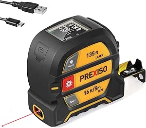 PREXISO 2-in-1 Laser Tape Measure, 135 Ft / 41 m Rechargeable Digital Laser Measurement Tool &amp; 16 Ft / 5 m Measuring Tape - Pythagorean Mode, Area, Volume, Ft/Ft+in/in/M Unit Laser Distance Meter