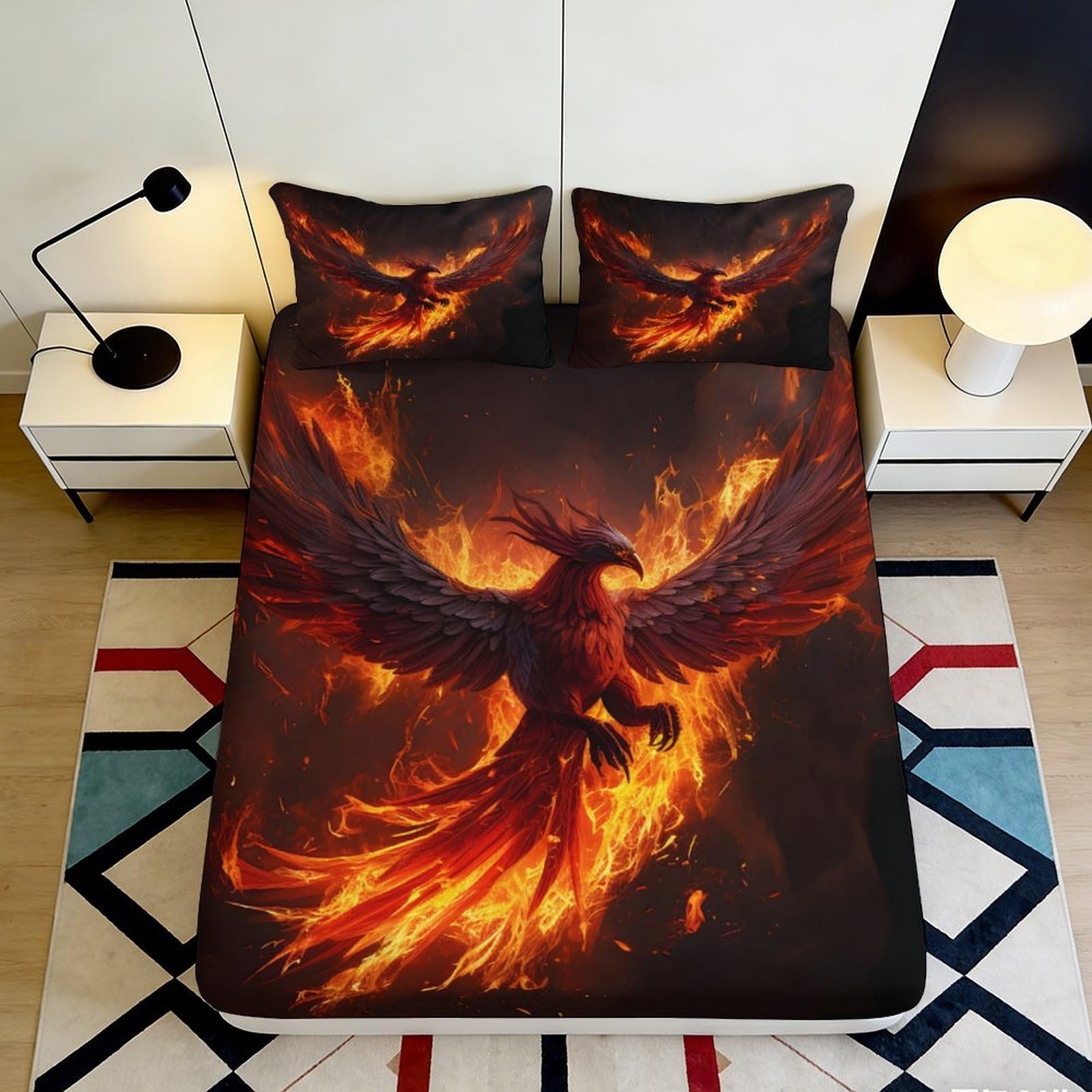 3D Printed Fire Phoenix Fitted Sheet Microfiber Soft Breathable Flame Bird Mattress Cover for Bedroom Dorm Mattress Protection Decor 160x200x25cm