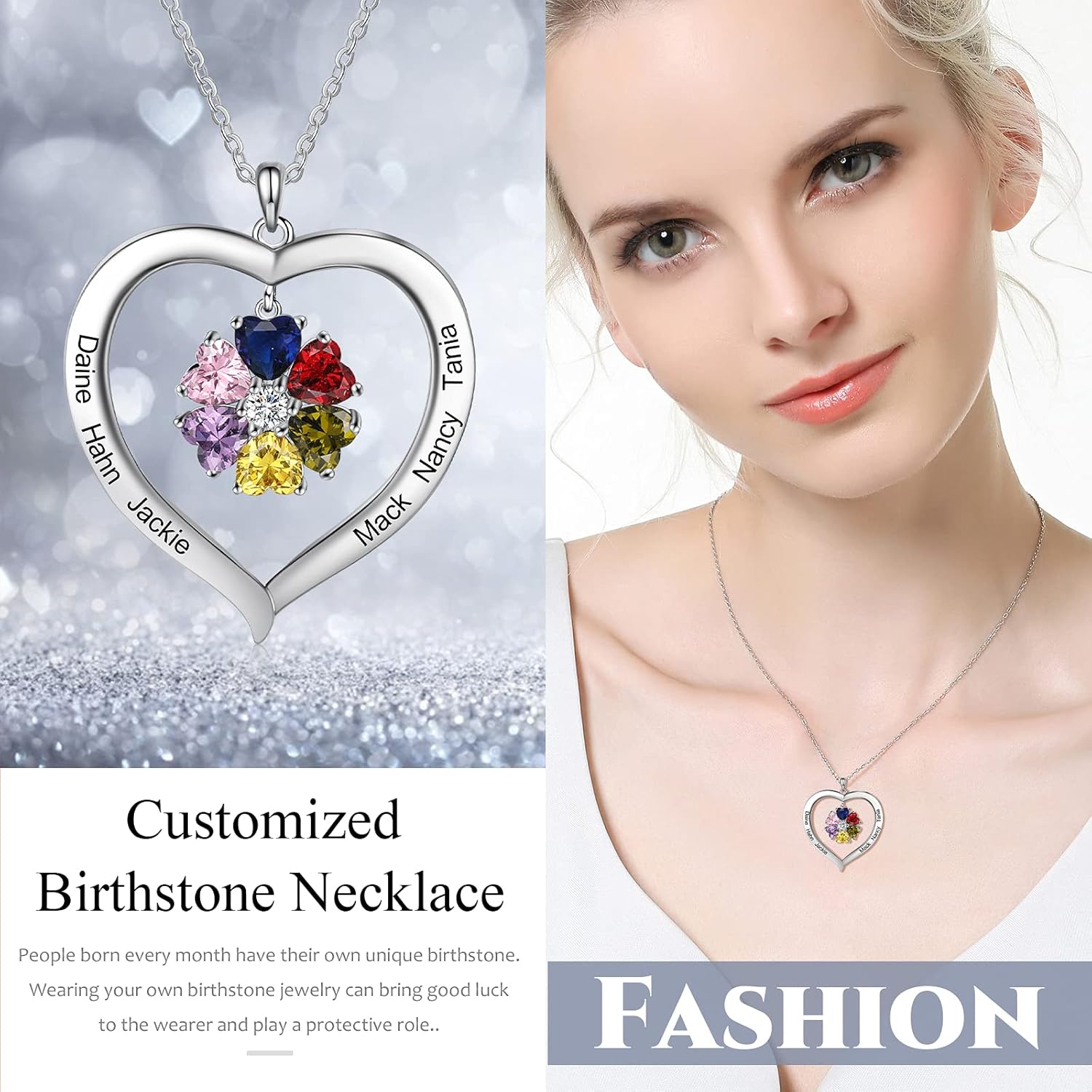 ALBERTBAND Personalized Birthstone Necklace for Women Mother Necklace Custom Name Necklace with Heart Pendant Family Jewelry Gifts for Mom Grandma Mother's Day Birthday Gift
