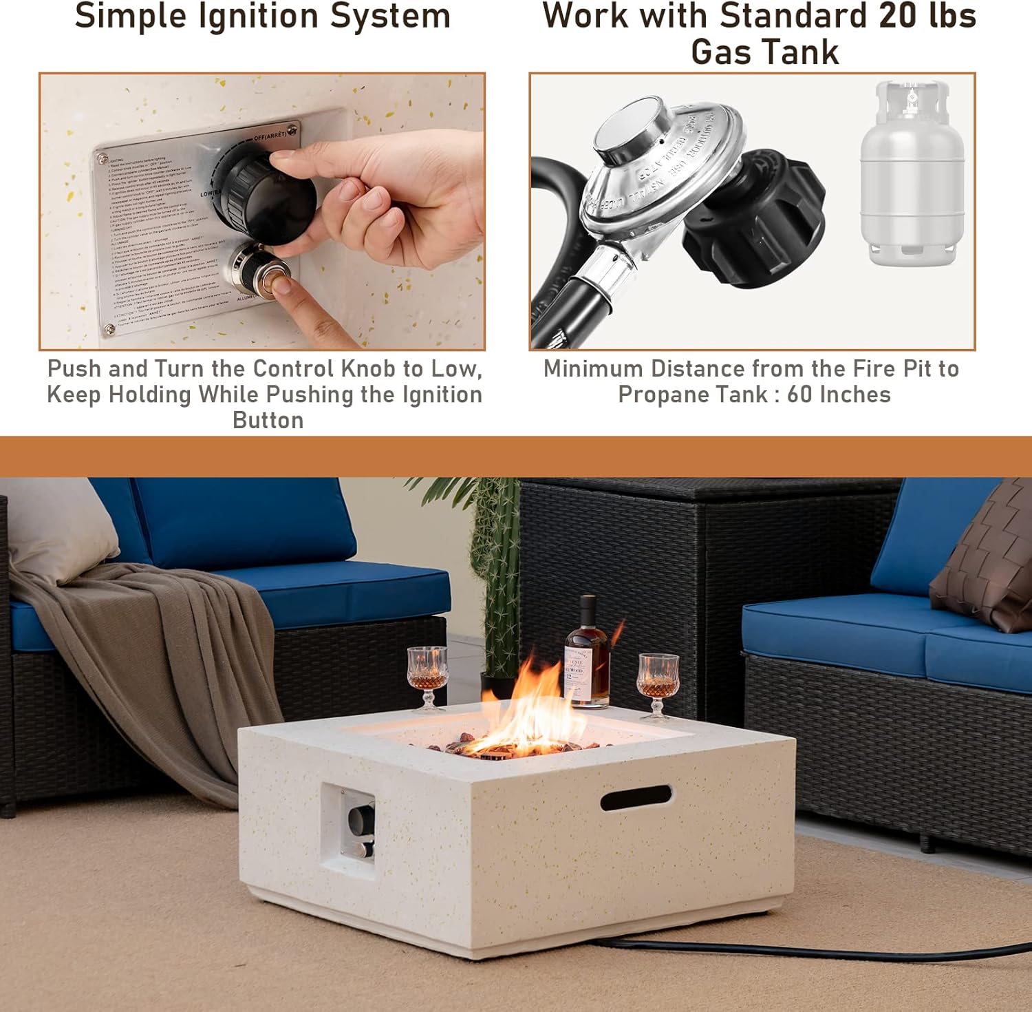 Tangkula 28 Inches Propane Fire Pit Table, Patiojoy 40,000 BTU Square Fire Table with Lava Rocks, Simple Ignition System and Waterproof Cover, Outdoor Terrazzo Gas Fire Pit