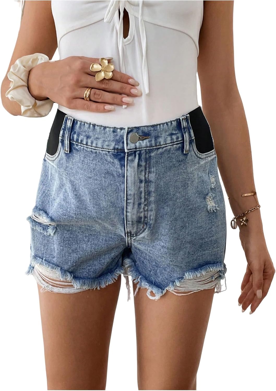 OYOANGLE Women's Maternity Denim Shorts Y2K Ripped Zipper Fly Over Belly Pregnancy Shorts