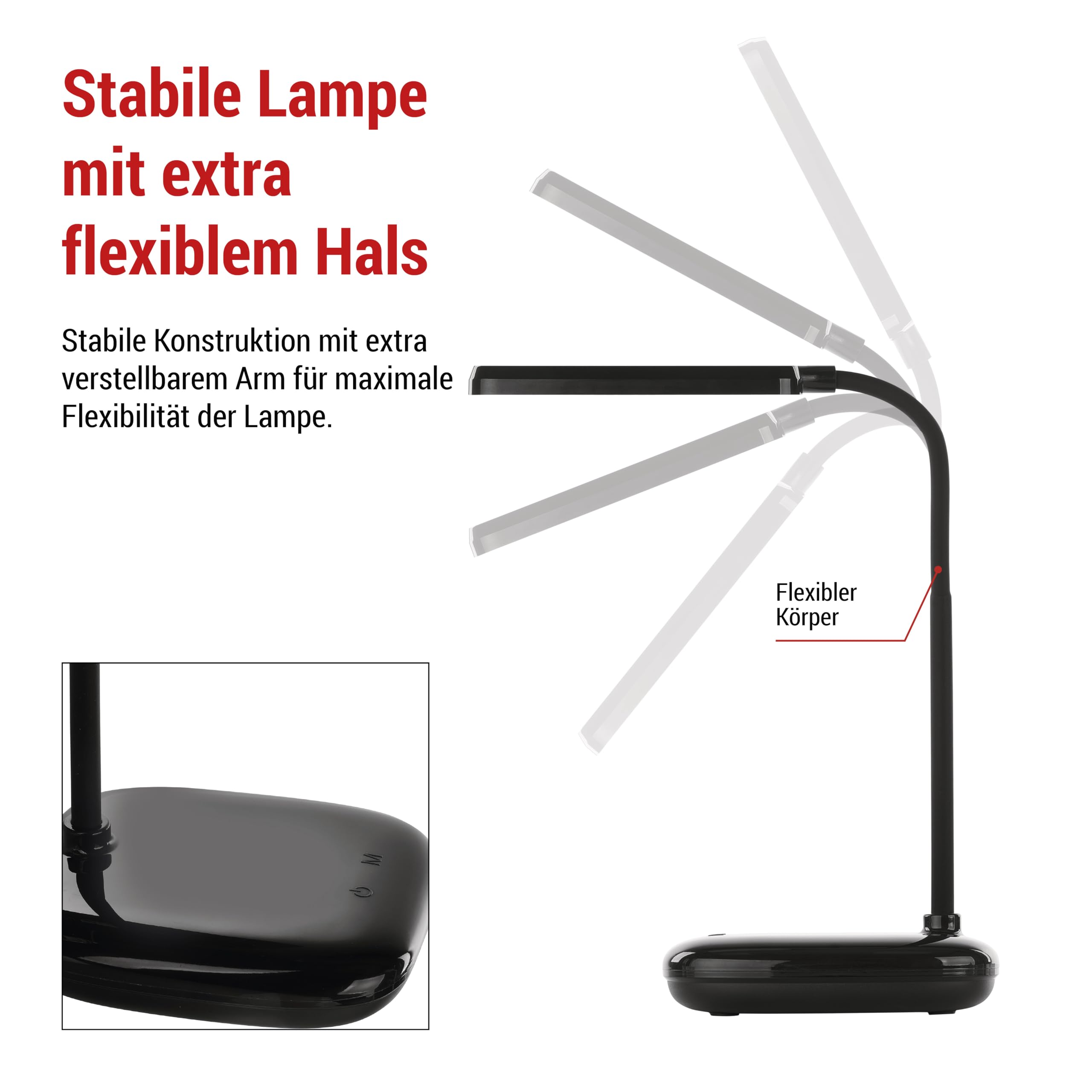 EMOS LED Tischlampe Molly 12W, Helligkeit 650lm, dimmbar, einstellbare Lichtfarbe (3000-6500 K), Flexibler Lampenarm, 1,5m Ladekabel mit 10V Netzadapter, schwarz