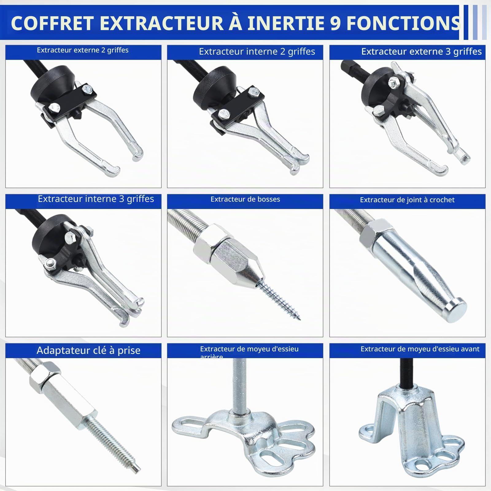 FreeTec 9-en-1 Extracteurs à Marteau à Inertie, Extracteur de Moyeu de Roue Avant et Arrière, 2/3 Mors Arrache Roulement à Inertie Interne et Externe, Arrache Bosse Carrosserie pour Réparation Auto