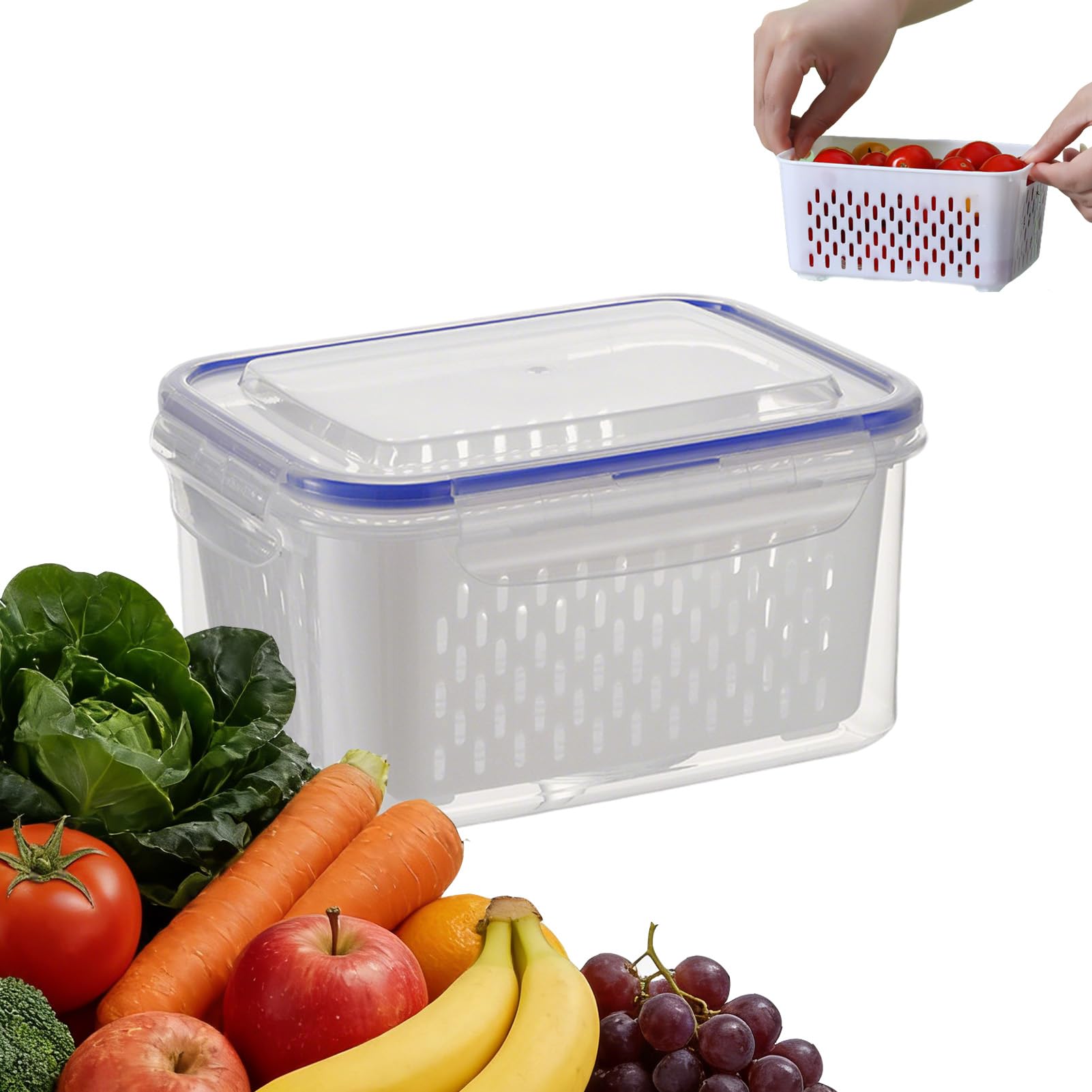 Eowduk Blue 4 In 1 Food Storage Container, Household Transparent Plastic Food Storage Box-Including Drain Basket, Fruit Storages Containers For Fridge With Removable Colanders (,Medium)