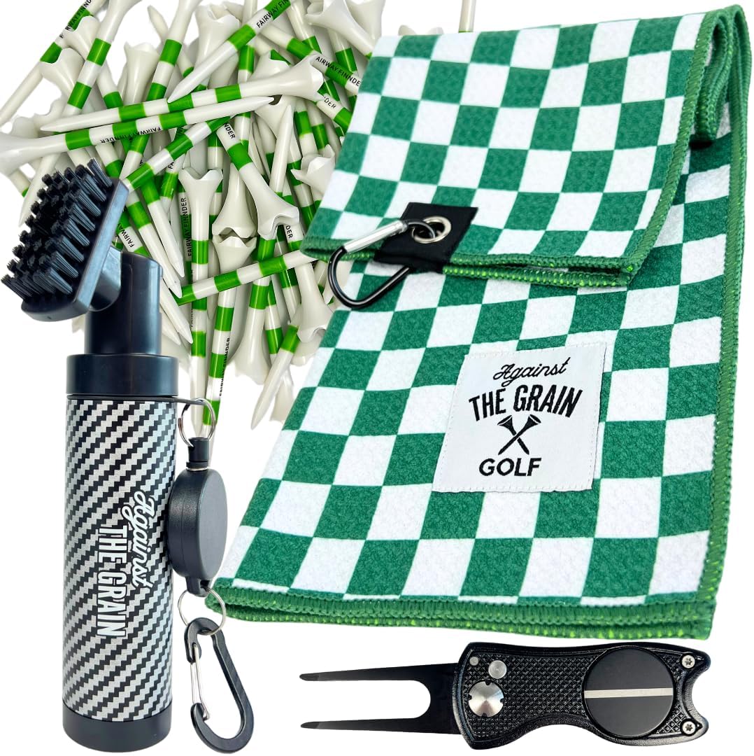 Golf Bag Accessories for Men – Golf Club Water Brush, 50 Golf Tees, Divot Tool & 12x20 Inch Towel - Golf Gifts for Men, Mens Golfing Gifts, Golf Essentials for Men, Golf Accessories Kit