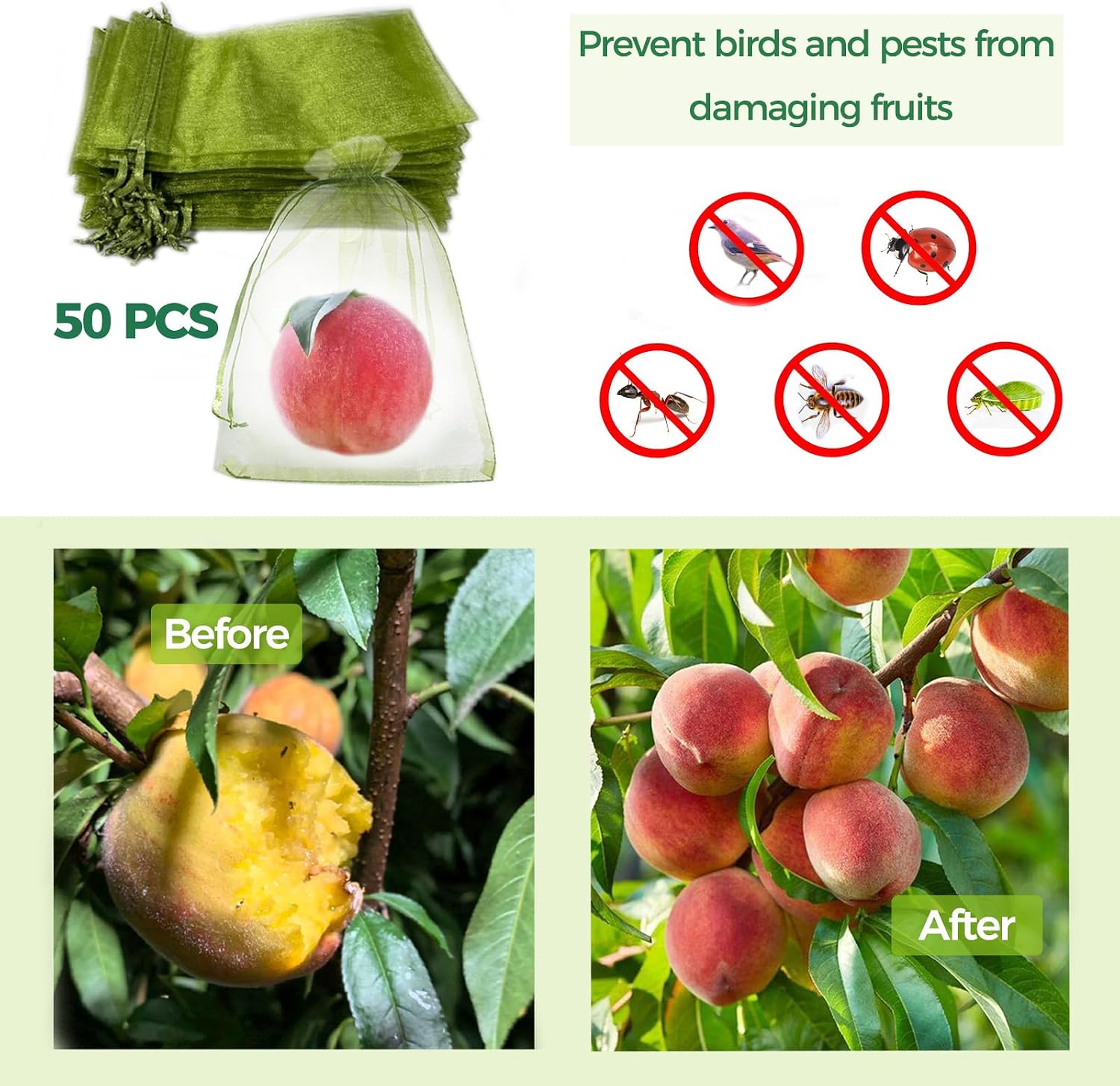 50Pcs Fruit Protection Bags for Fruit Trees, Green Organza Mesh Drawstring Bags for Garden Protection, Pest Barrier, Gift Vegetable Bags (8x12 inch)