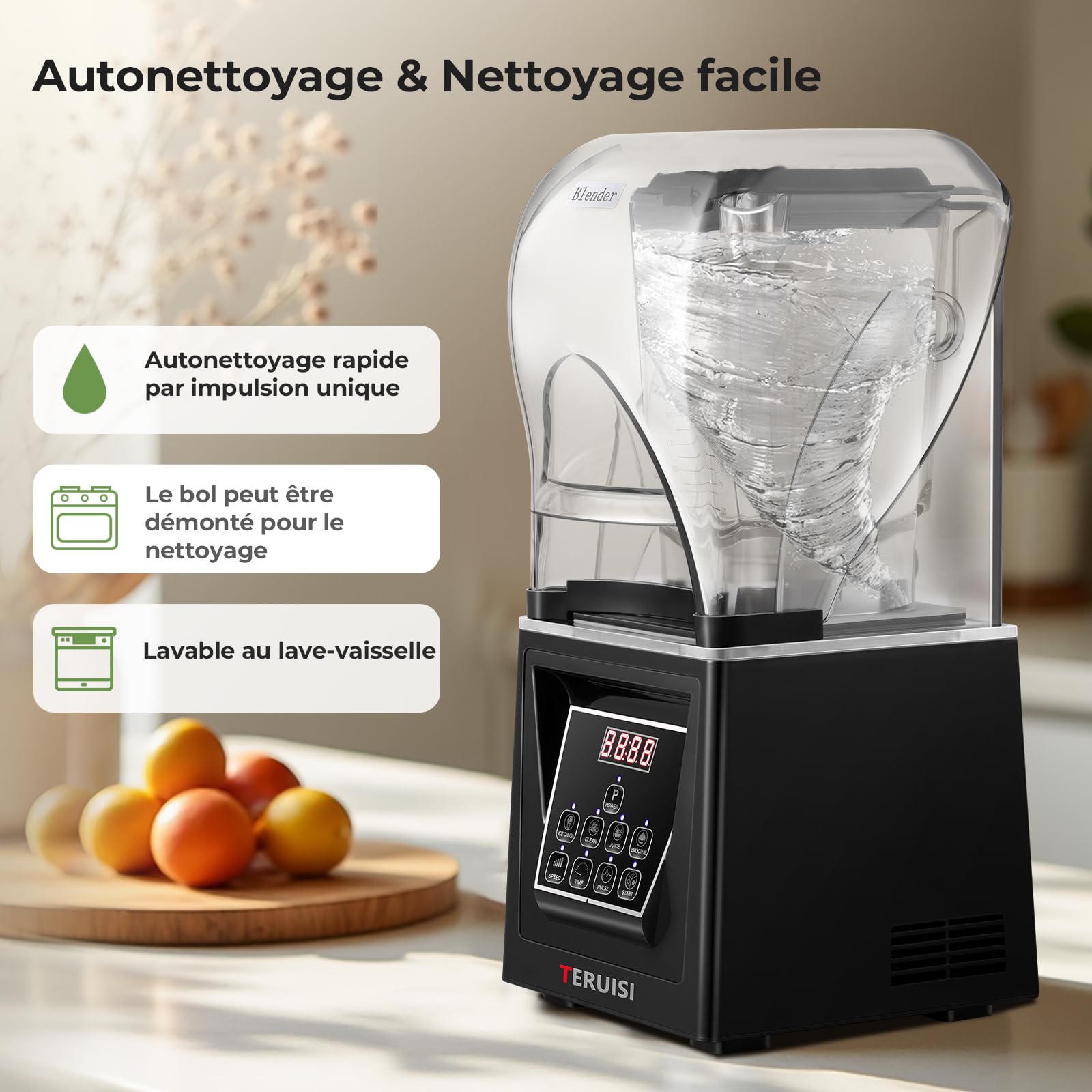Blender Professionnel 2200 W, Mixeur Blender Silencieux avec Caisson Insonorisé, Bol 2 L, 9 Vitesses, Fonction Timer, Nettoyage Automatique, 5 Programmes pour Smoothies, Glace Pilée et Soupes
