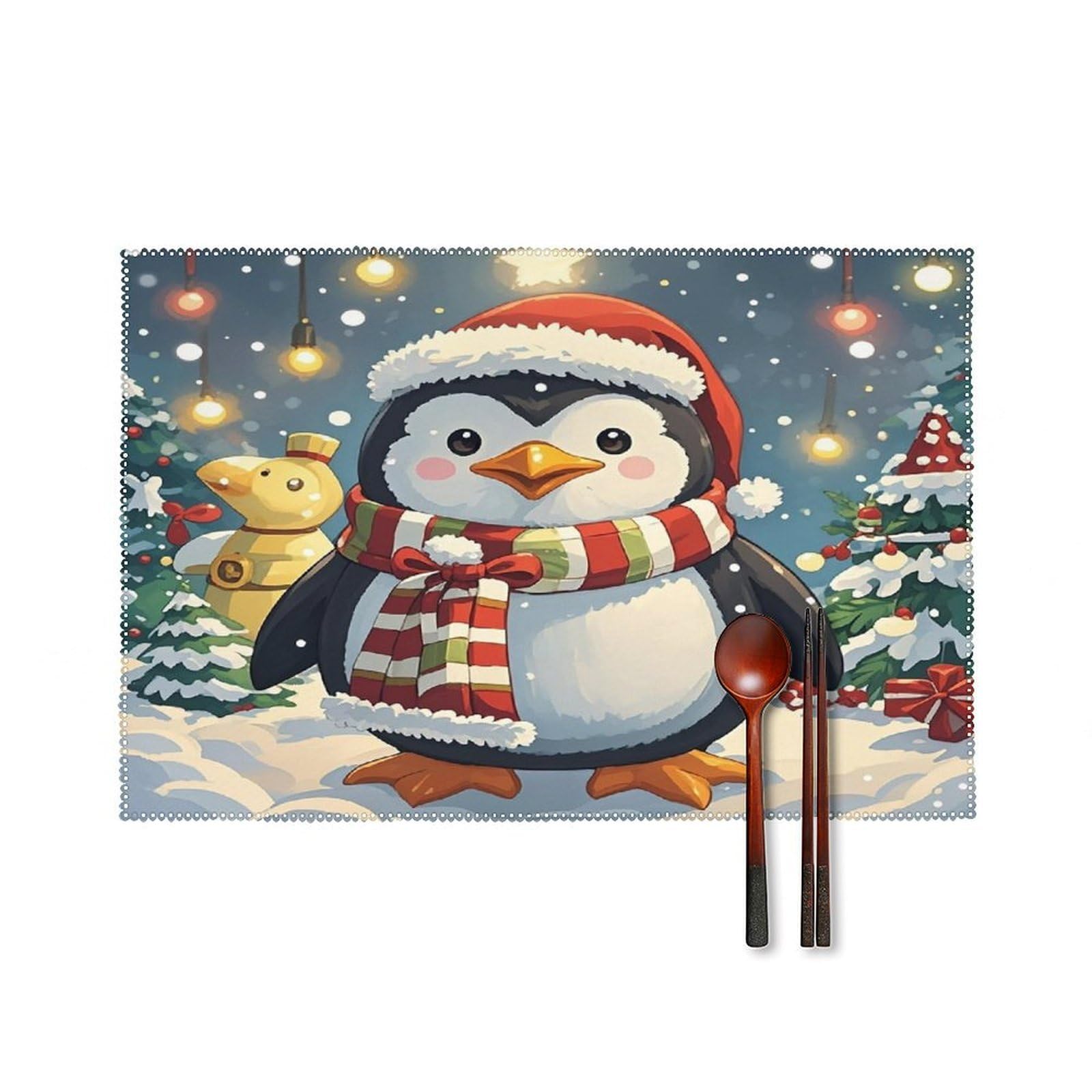 Christmas Funny Penguin Placemats Set of 4 Heat Resistant Non-Slip Place Mats Wipeable Easy to Clean Table Mats for Kitchen Dining Party Outdoor Placemats