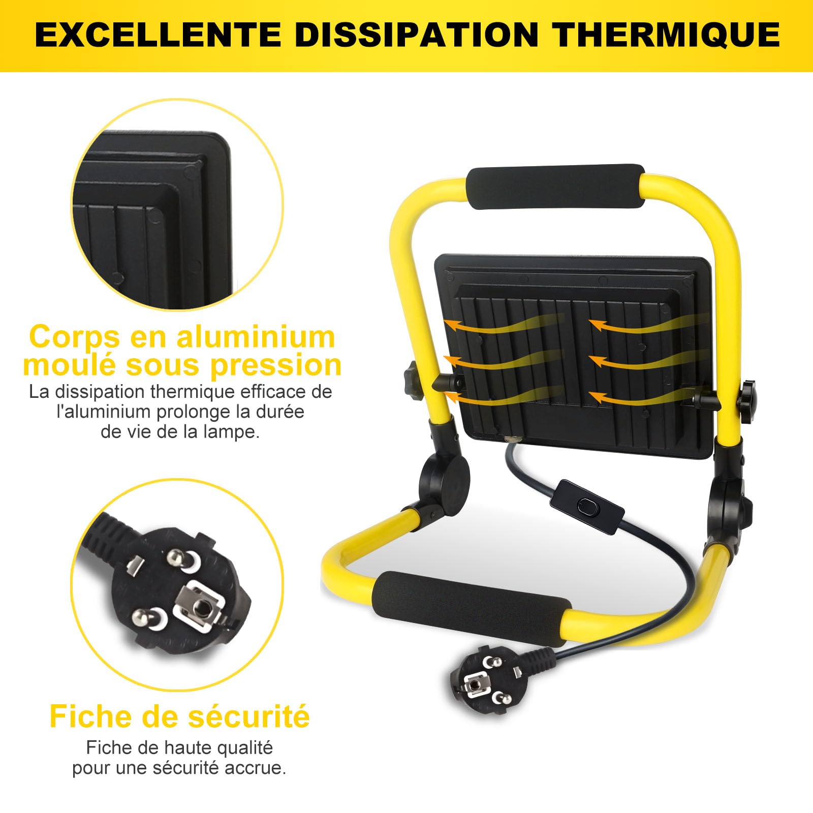 Projecteur de Chantier Led 30w, Lampe de Chantier 3240 Lm, Lampe Chantier Portable 6000k Lumière du jour Blanche, Ip66 Étanche, Prise Ue Lampes de Chantier Avec Fil de3,5m pour Atelier, Garage, Jardin