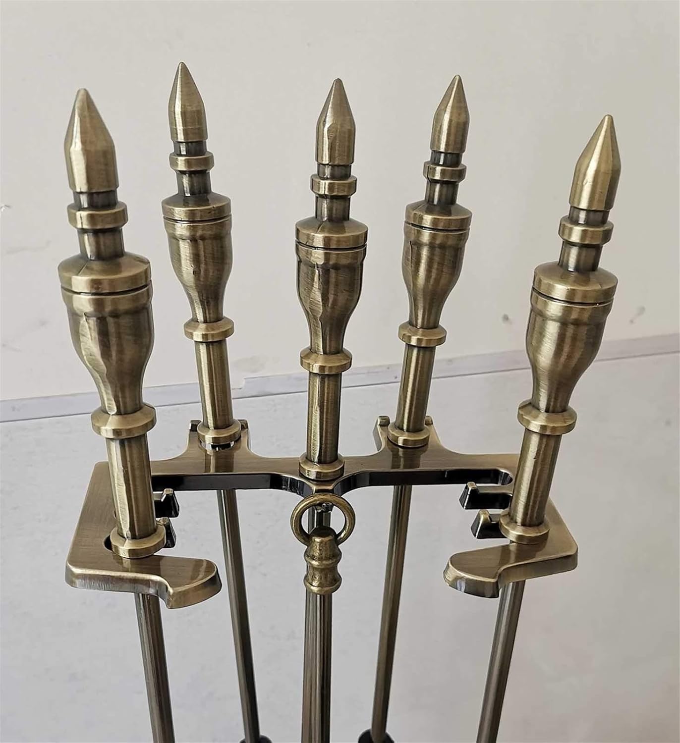 Heavy Duty Fireplace Tools Set, 5-Piece Brass Wrought Iron Fire Place Toolset with Poker, Shovel, Tongs, Brush, Stand, for Outdoor Indoor Chimney, Hearth, Stove, Firepit