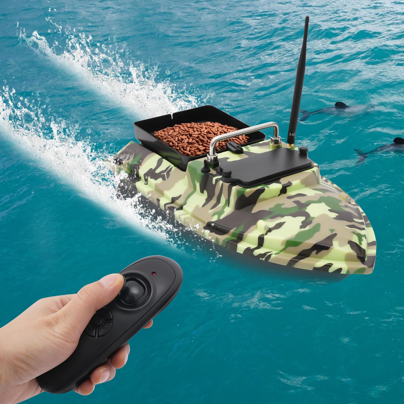 500m Ferngesteuert Futterboot Angeln 10400mAh Nachtangeln Fischköder Köderboot mit LED-Navigator-Licht, Fernbedienung Futterboote Bait Boat Ferngesteuertes Köderboot (Tarnfarbe)