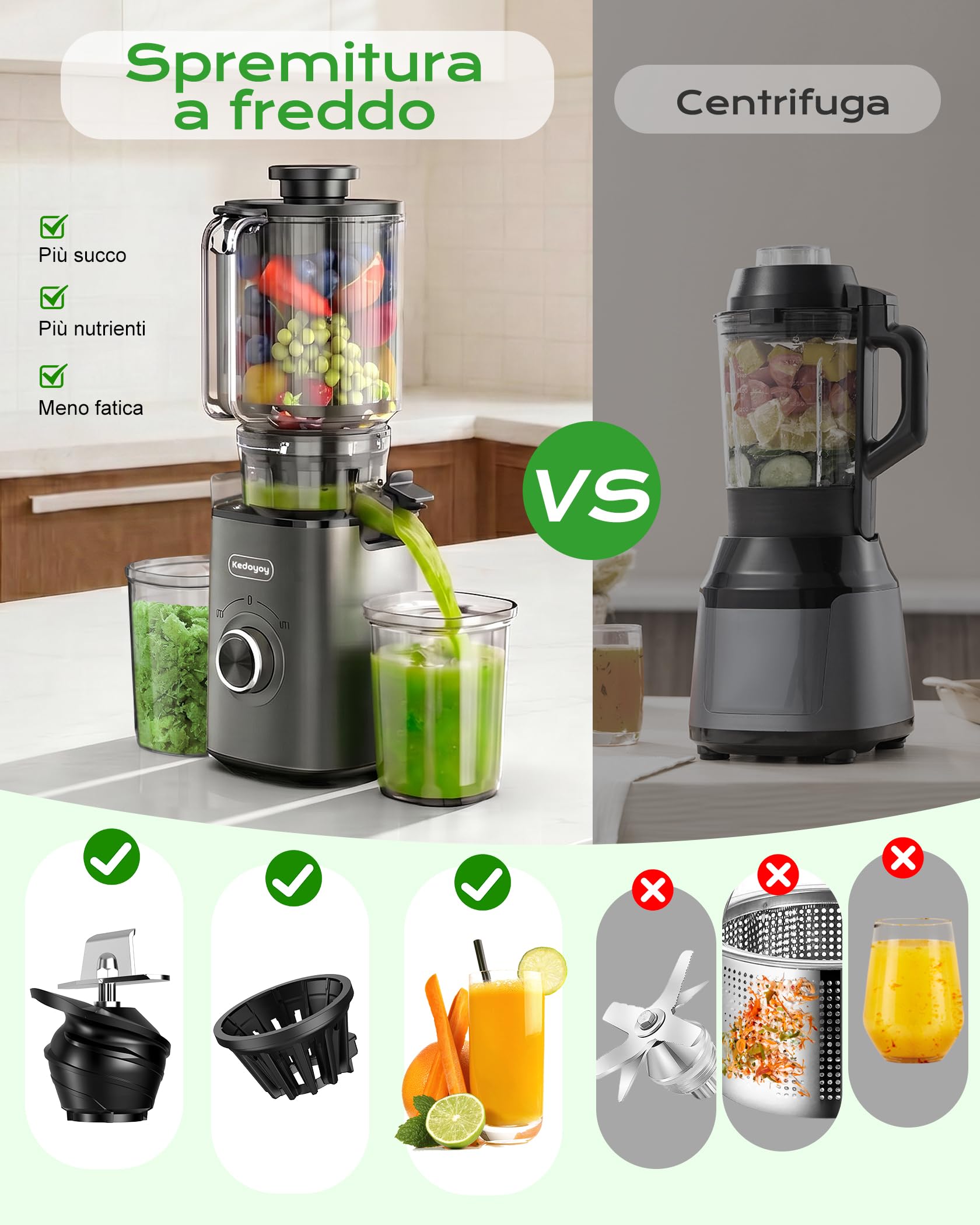 Estrattore di succo per verdure e frutta, 130 mm XL | 1,8L Slow Juicer, 600 ml contenitore, per famiglie, senza BPA, facile da pulire, grigio