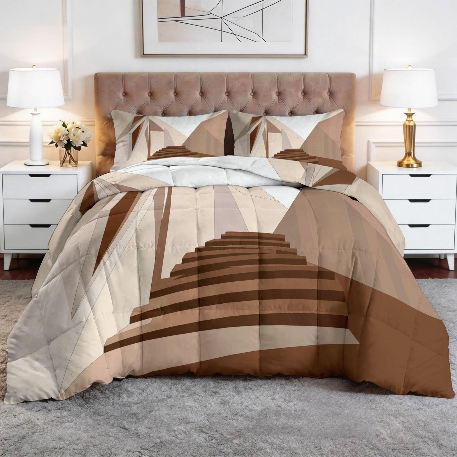 Piumone Invernale Matrimoniale 220 x 240 cm Surrealismo Architettura Scala Trapunta in Ecopiuma 400 gr/mq, Caldo ed Elegante – Biancheria da Letto Anallergica e Traspirante – Set 3 Pezzi, Beige