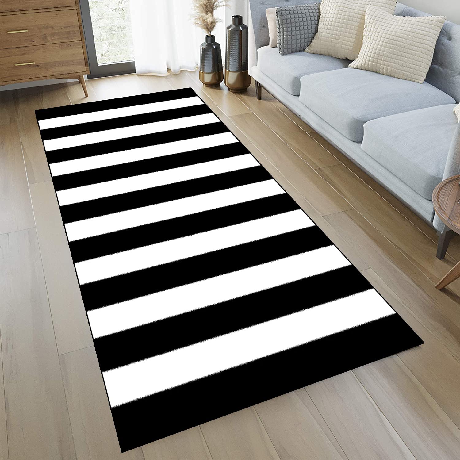 Teppich Läufer schwarz weiß gestreift rutschfest Küchenläufer Korridor Teppichläufer, Modern Geometrisch Waschbar Läufer für Wohnzimmer Schlafzimmer, Breite 60cm/ 70cm/ 80cm/ 90cm/ 100cm
