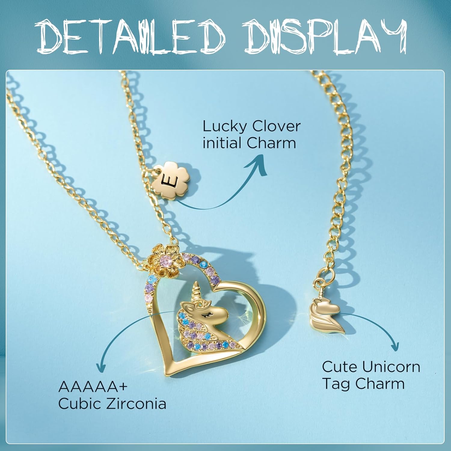 NORBU Hypoallergenic Unicorn Necklace for Girls Daughter - Colorful CZ Heart Pendant Clover Initial Unicorn Necklace, Gift of Dreams for Little Girls, Gold/Letter E - Image 4