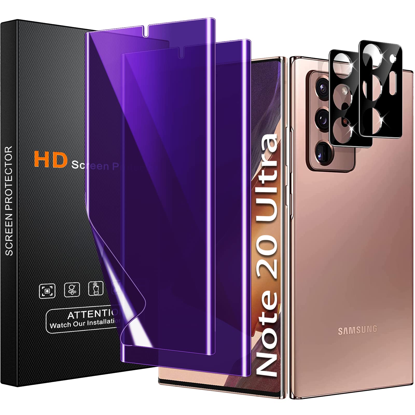 Photo 1 of [2+2 Pack] Lesakit Anti-Blue Light Privacy Screen Protector for Samsung Galaxy Note 20 Ultra 6.9 inch with 2 Pack Camera Lens Protector, [Support Fingerprint ID] Anti Spy TPU Flexible Screen Protector- Purple