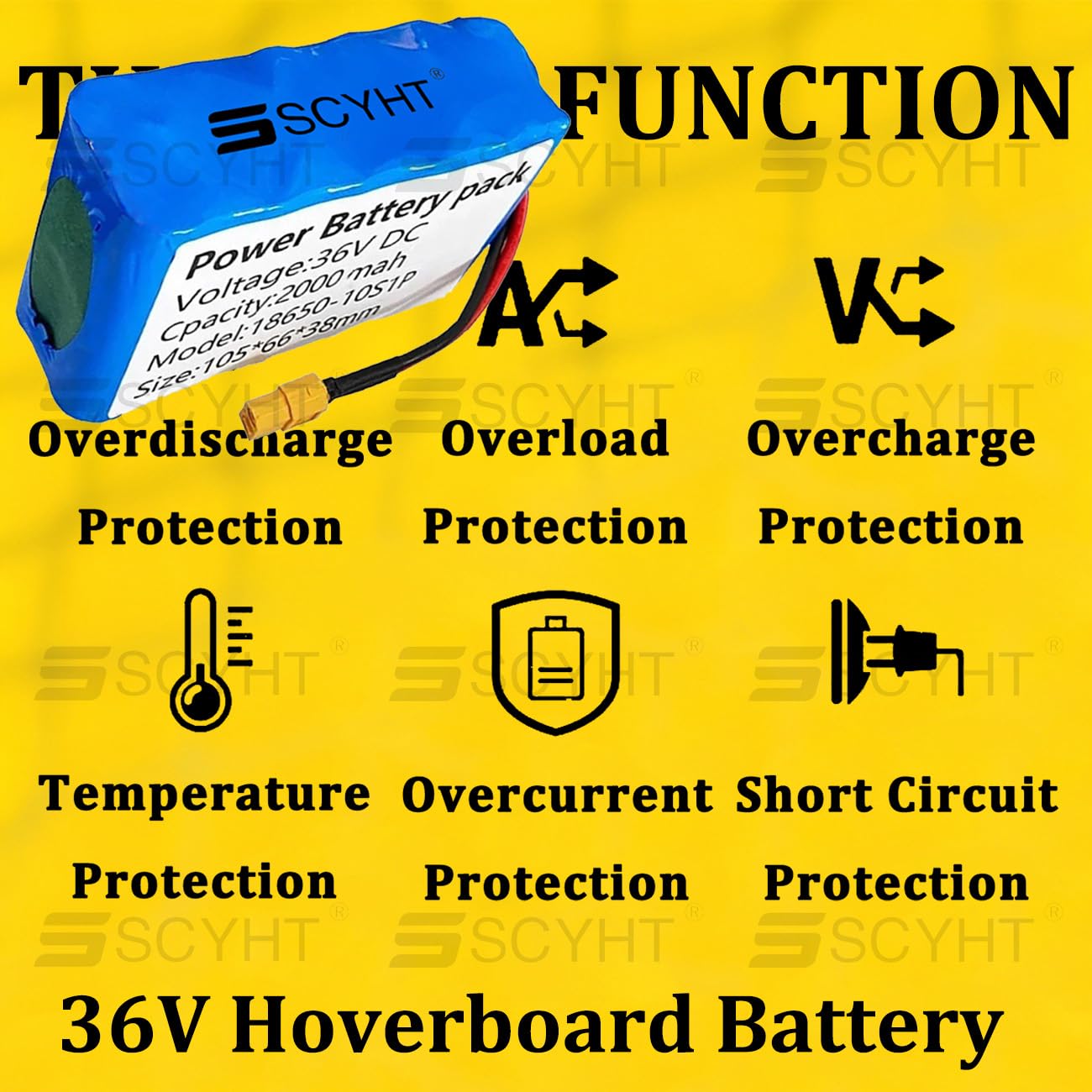 Lithium-Akku 36 V Hoverboard-Akku 10S1P Ersatzakkus 2 Ah Wiederaufladbarer Akkus für Scooter, Balance-Board und Skateboard – mit XT60-Anschluss und 20A-BMS,36v2ah 1pack
