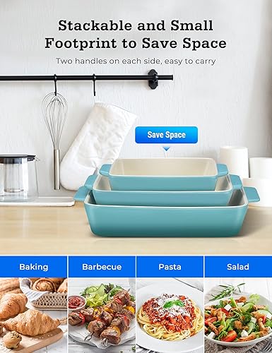 Miniatura 3 de Cacerola de cerámica de 3 piezas, platos rectangulares para hornear para horno, utensilios de cerámica con asas, sartén para lasaña grande