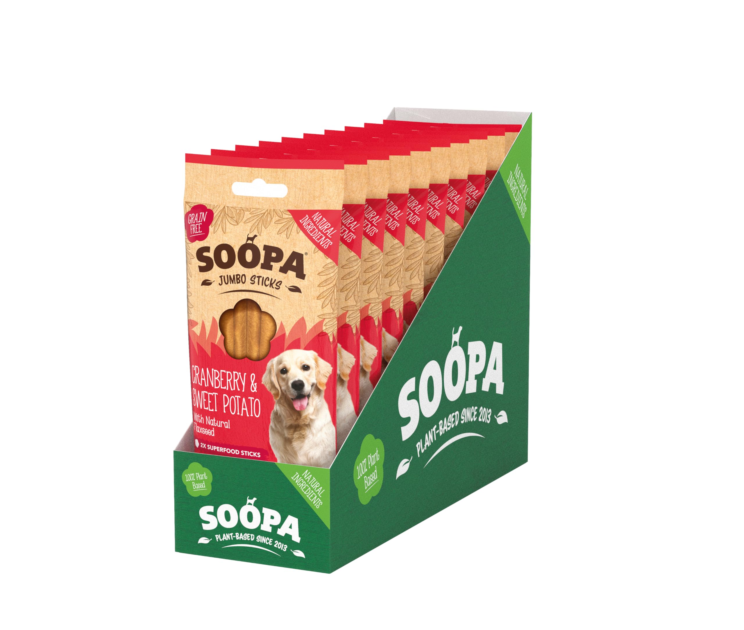 Soopa Cranberry & Sweet Potato Jumbo Dog Dental Sticks, Vegan, Human-Grade Dog Chews to Clean Teeth, Freshen Breath, Natural, Superfood, Healthy Grain Free Treats for Large Dogs, 170g, 10-Pack