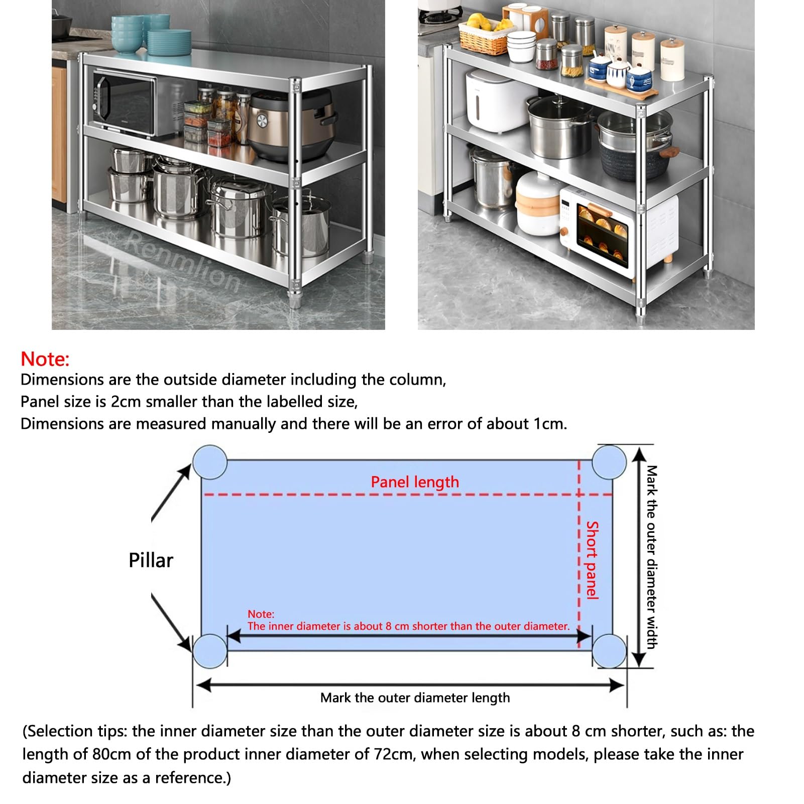 Scaffale per forno a microonde a 3 ripiani in acciaio inox, resistente, per pentole e padelle, per la famiglia (90 x 45 x 80 cm)