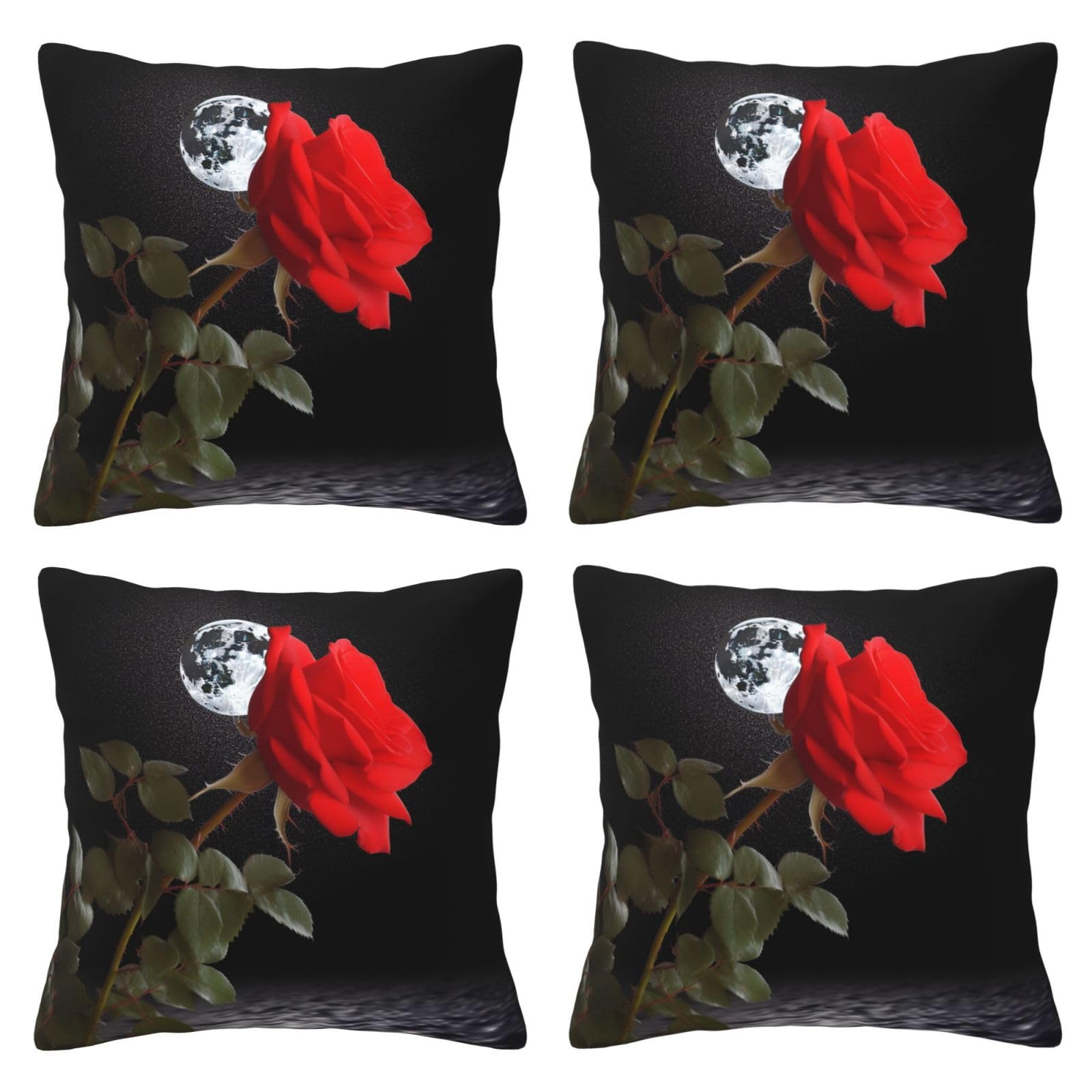 Red Rose Under Moon Throw Pillow Cases 4 Pack Square Pillowcases Super Soft Pillow Protectors With Zipper for Couch Livingroom Sofa Bed Office Car,40x40 CM
