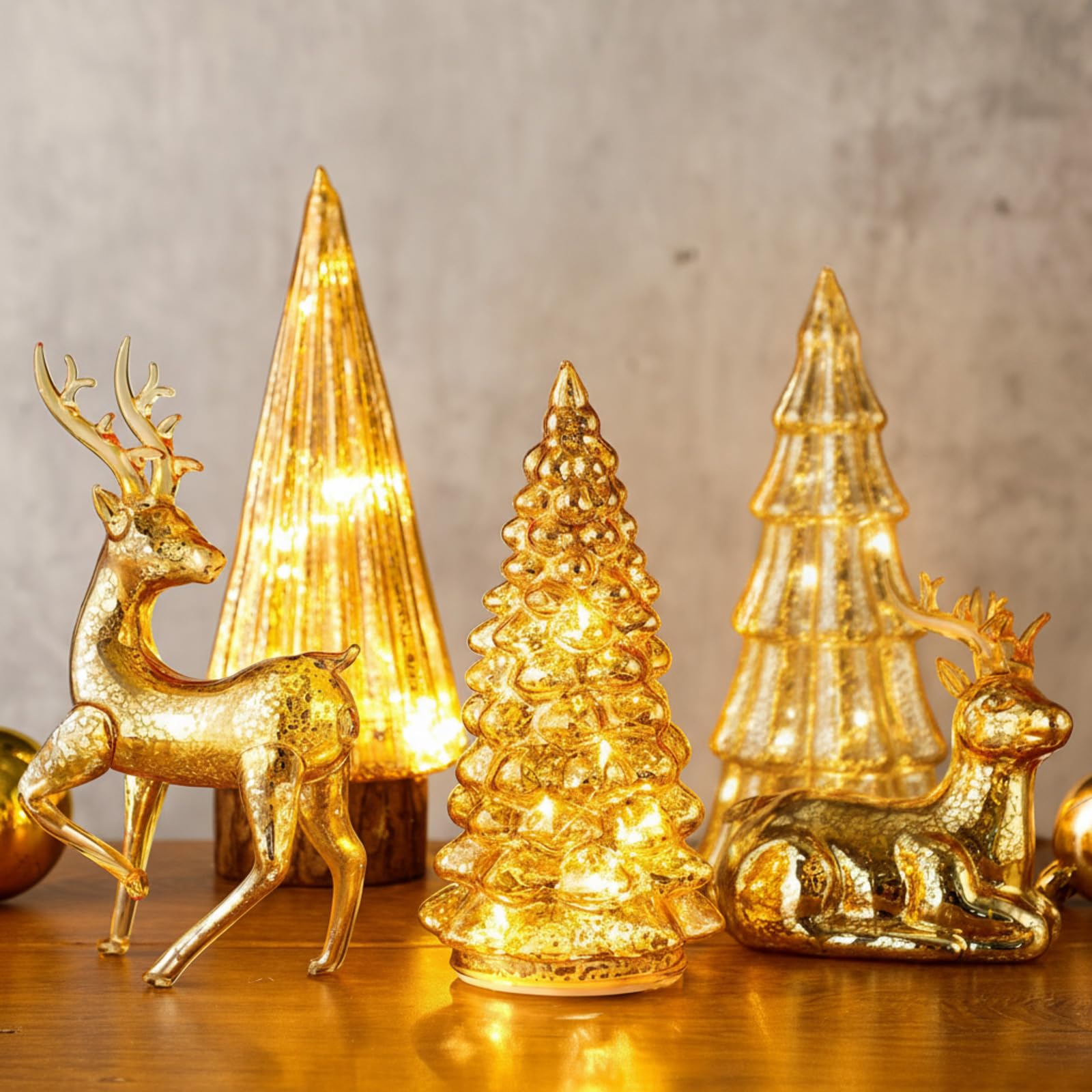 Flutesan Lot de 5 sapins de Noël et rennes éclairés en verre mercure pour table de Noël, centre de table, décoration pour maison, fête de Noël, cheminée