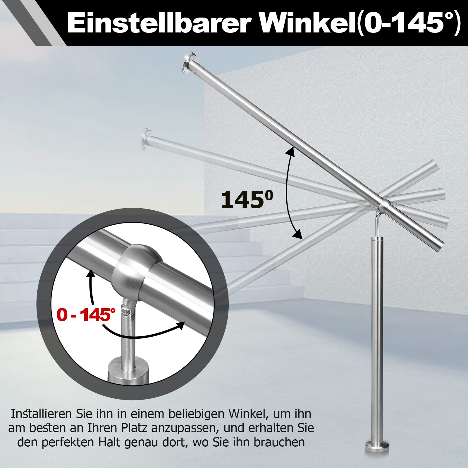 Herrselsam Edelstahl Eingangsgeländer Handlauf 80cm Winkel Einstellbar Wandmontage
