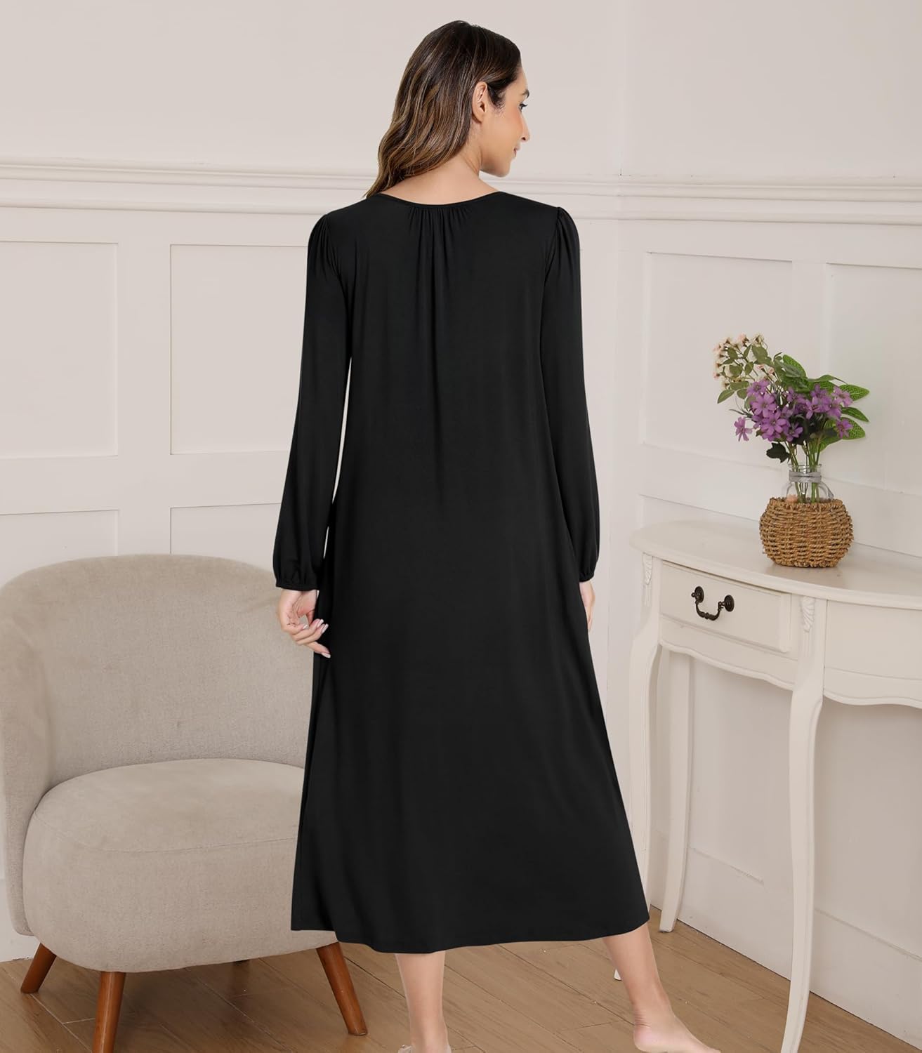 NACHILA Women's Nightgowns-Viscose Made from Bamboo, Long Sleeve Nightshirt Full Length Sleepshirt Soft Sleepwear with Pocket - Image 2