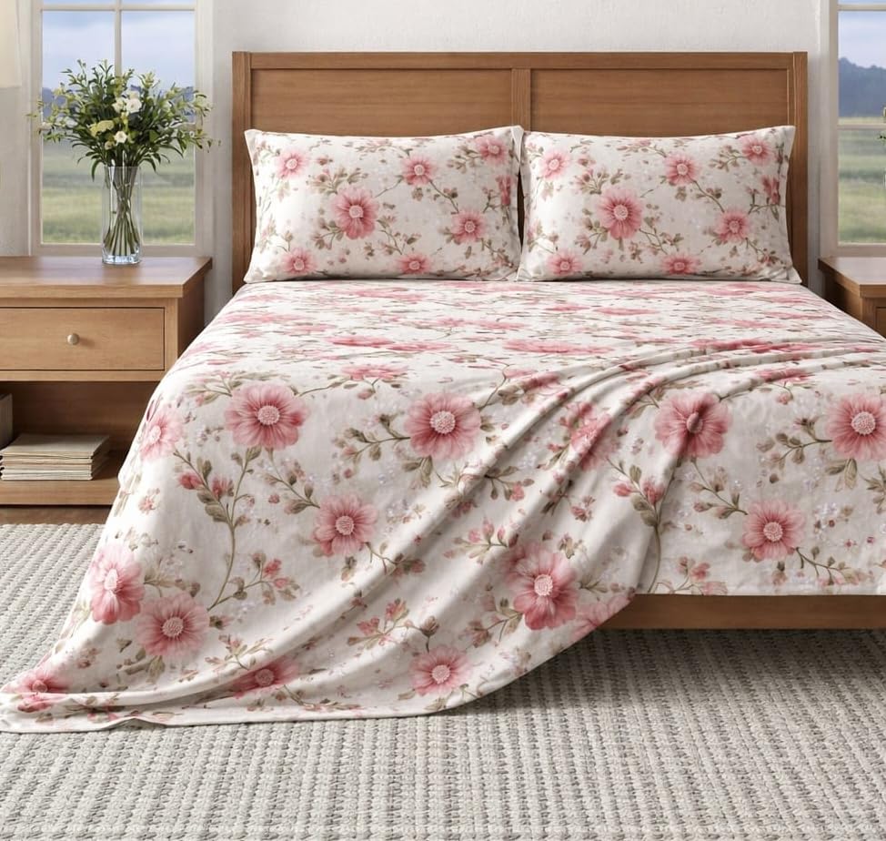Image of BEVI Home Super Fabric 300 TC Microfiber Single Queen Size Bedsheet with 1 Pillow Cover - Printed Bedsheet Size (60x90) (7D Rose)