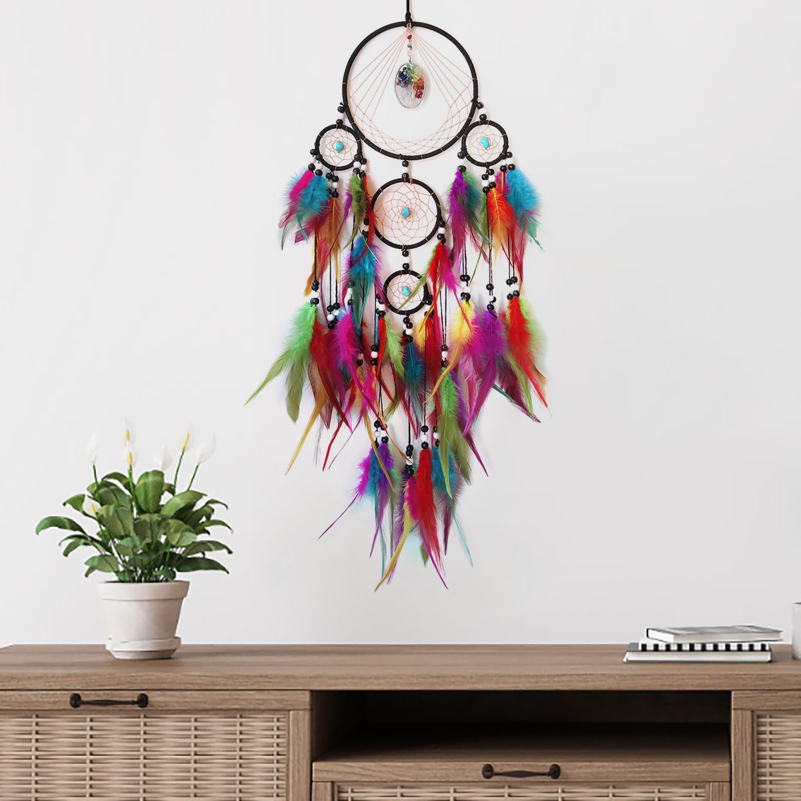 Traumfänger für Schlafzimmer und Erwachsene, große Wandbehang mit Kristallen, bunte Feder-Traumfänger für Kinder, Jungen, Mädchen, Hochzeitsfeier, Dekoration | Handgefertigt, Wanddekoration, Wandbehang, Ornament, Schlafzimmer, Wohnzimmer, Heimdekoration