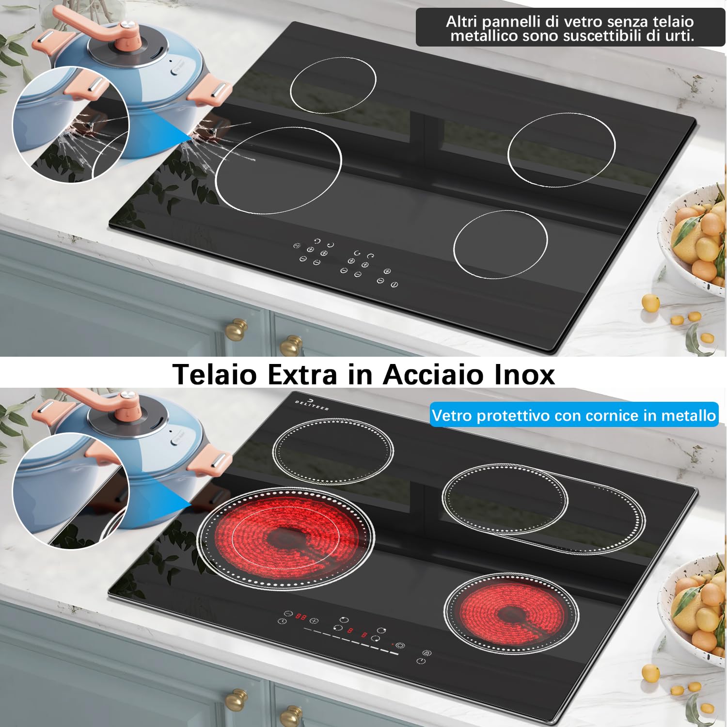DELITEER, Piano Cottura Vetroceramica a 4 Zone, Piano Cottura Elettrico da 6600W con Struttura in Metallo, Zona Flessibile