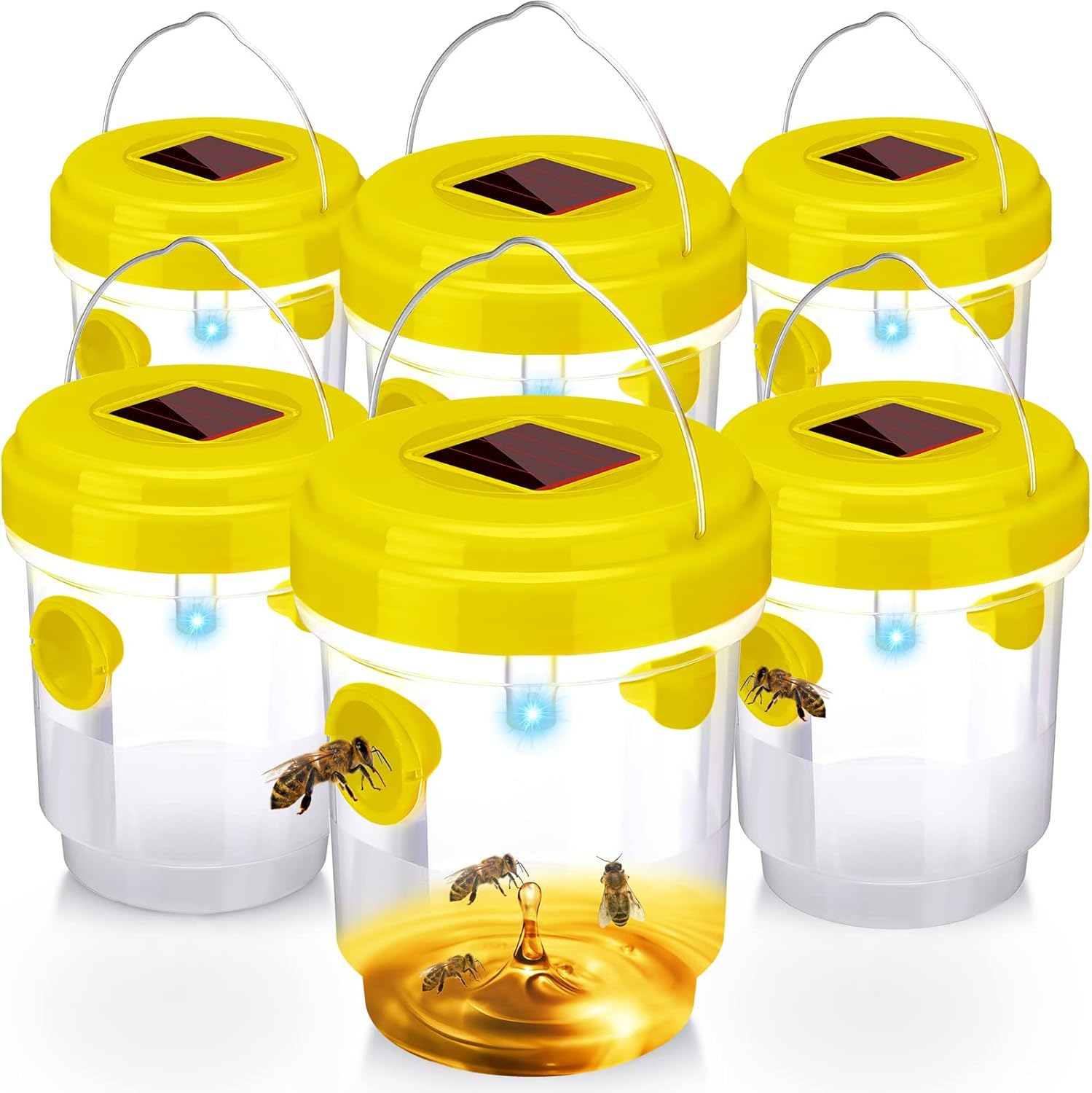 6 Pack Wasp Trap Solar Powered Bee Trap Reusable Fly Traps Outdoor Hanging Wasp Killer with UV LED Light Flying Insect Bee Killer for Indoor Outside Patio Home(Orange, Green, Yellow,6 Packs)